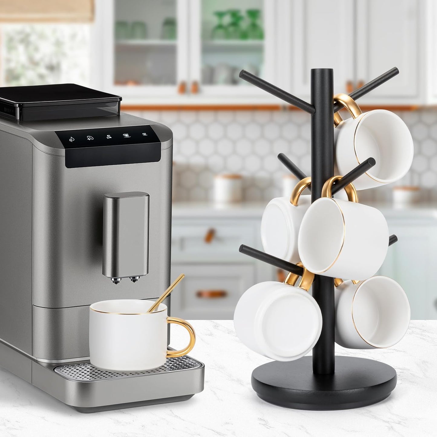 MyLifeUNIT Mug Holder Tree, 360° Rotated Coffee Cup Holder with 6 Hooks, Wooden Coffee Mug Holder Organizer for Counter