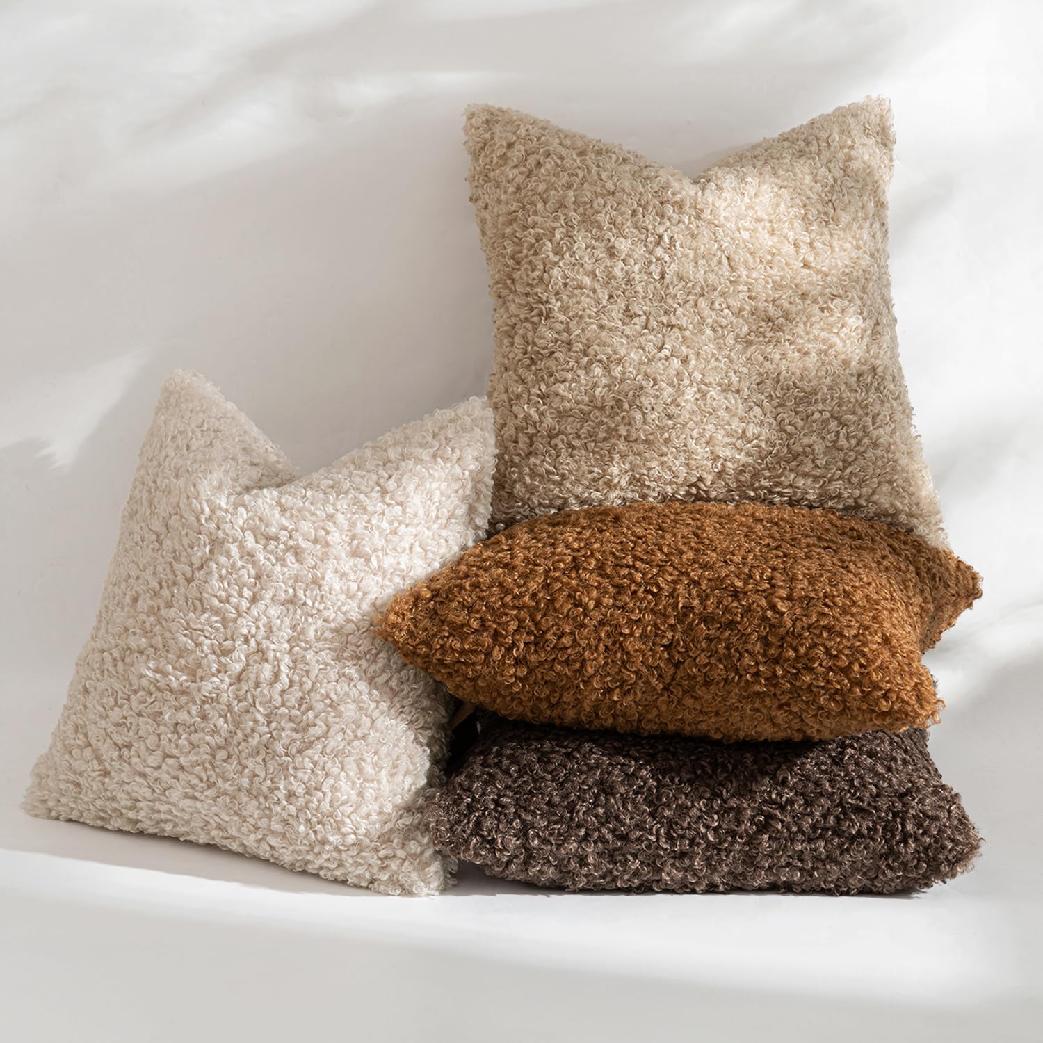 Faux Fur Throw Pillow Covers Boucle Decorative Sherpa Pillow / 18 x 18 / Neutral Oatmeal / Set of 2