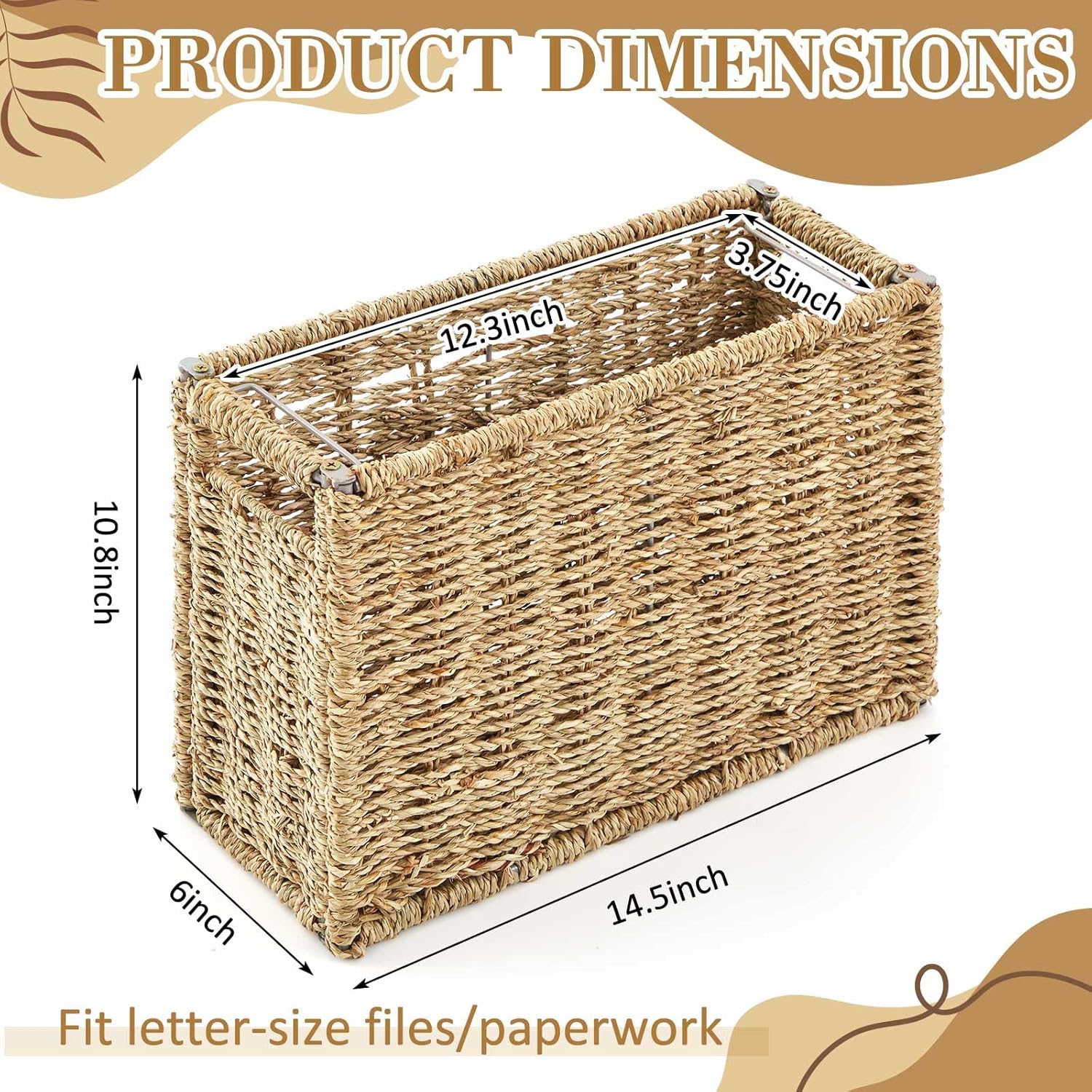 Hanging File Box Decorative File Basket Woven Document Organizer / Seagrass / 14.5 x 6 x 10.8