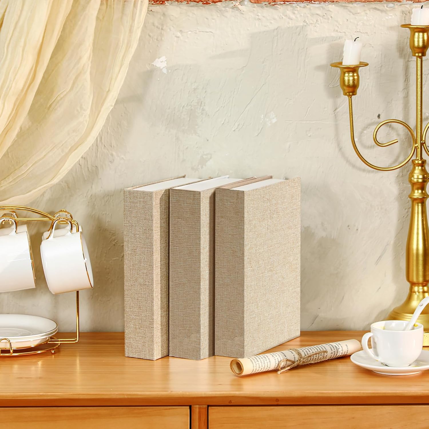 Fake Book Box Neutral Linen Book Box Decorative Faux Prop / 8.6 x 6.1 x 1.8 / Beige / Set of 3
