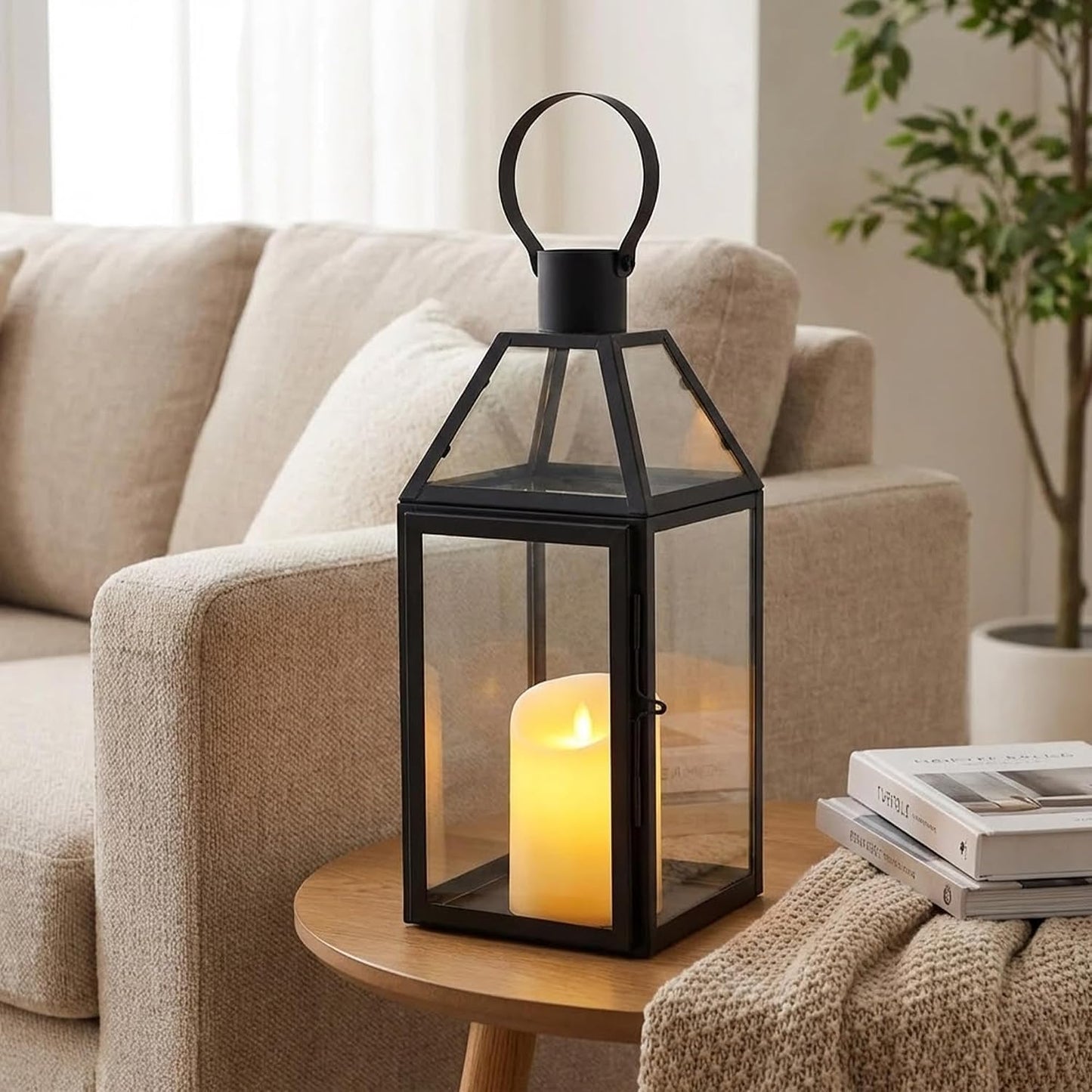 JHY DESIGN Black Decorative Lanterns 16“H Decorative Candle Lantern with Tempered Glass for Indoor Outdoor Events