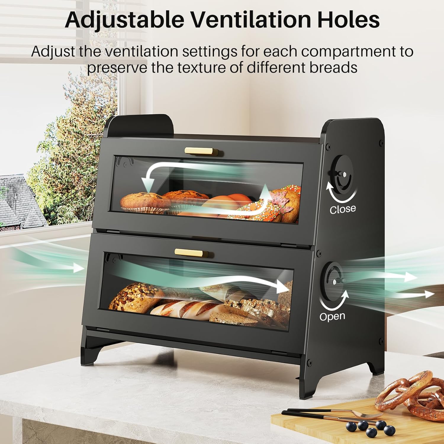 SNTD 2 Tier Bread Box for Kitchen Countertop, Adjustable Ventilation, Black | Bamboo Cutting Board, Airtight Design