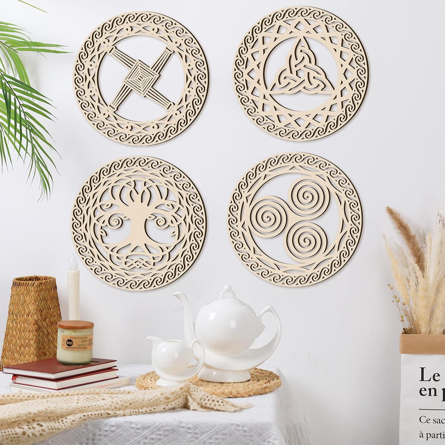Celtic Symbol Wall Decor Celtic Cross Knot Triple Spiral Symbol Wood Sign / Wood Color / Set of 4
