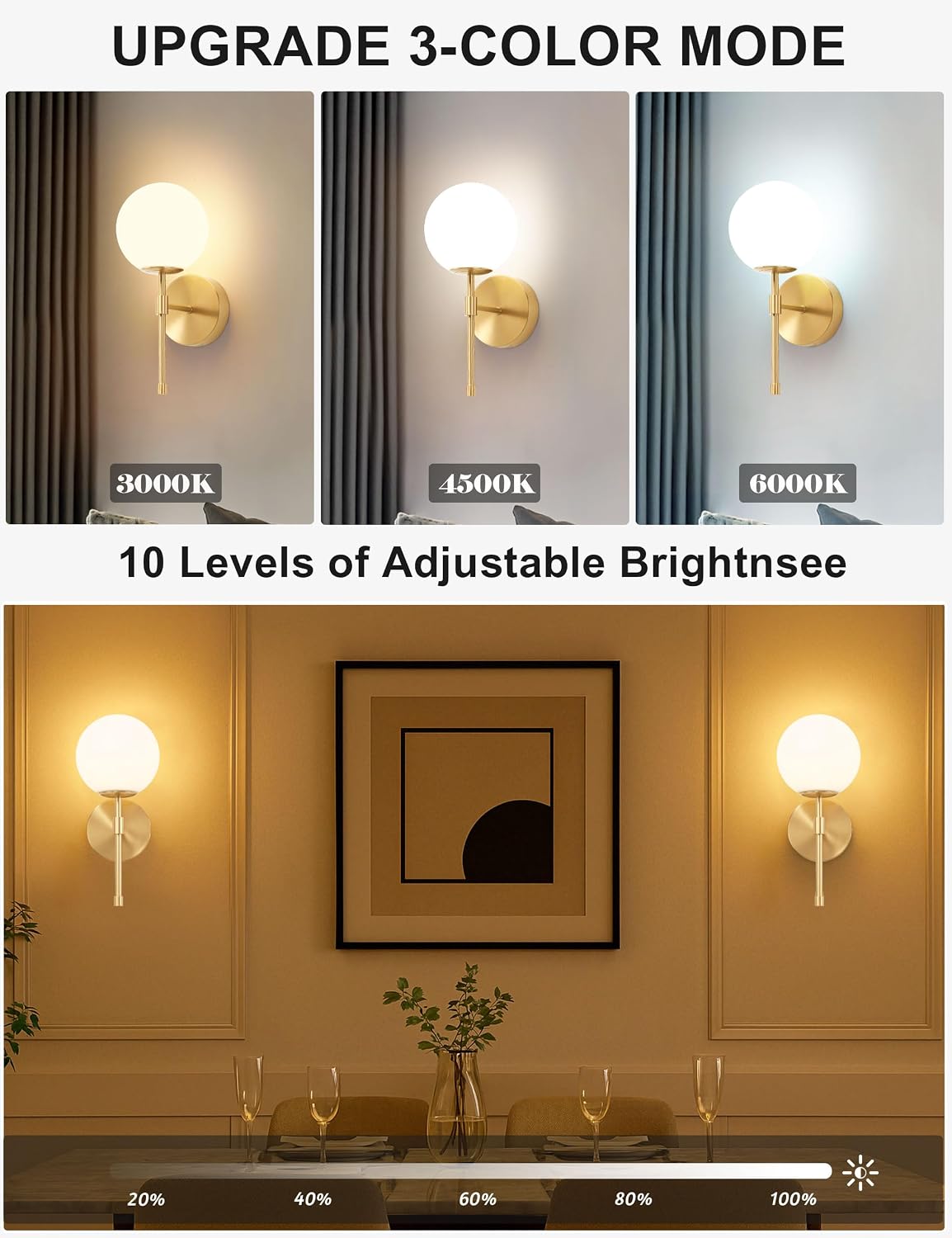 Battery Operated Wall Sconces, Brushed Gold 3 Color Dimmable Set of 2