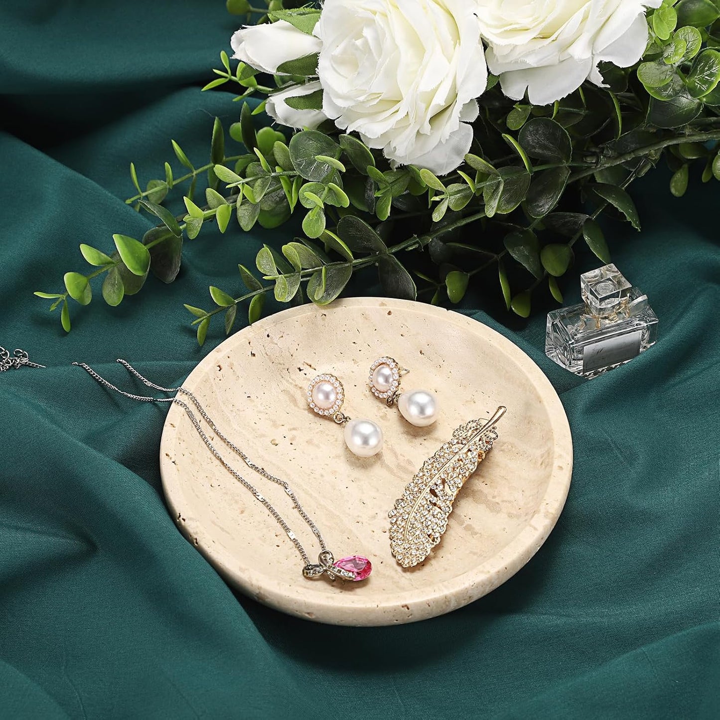 Round Decorative Ring Holder Dish Natural Travertine Stone Trinket Tray / Beige / 5.5