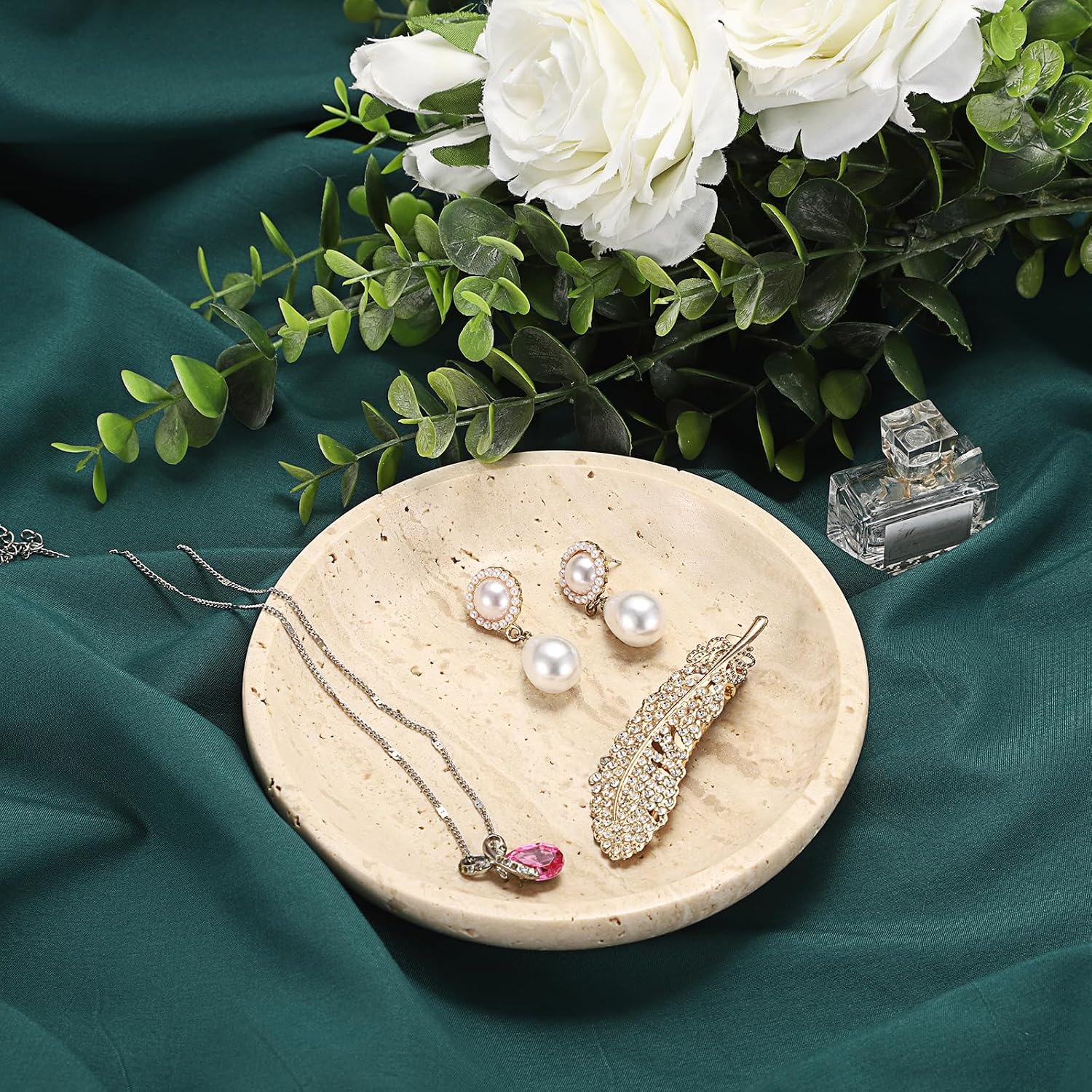 Round Decorative Ring Holder Dish Natural Travertine Stone Trinket Tray / Beige / 5.5