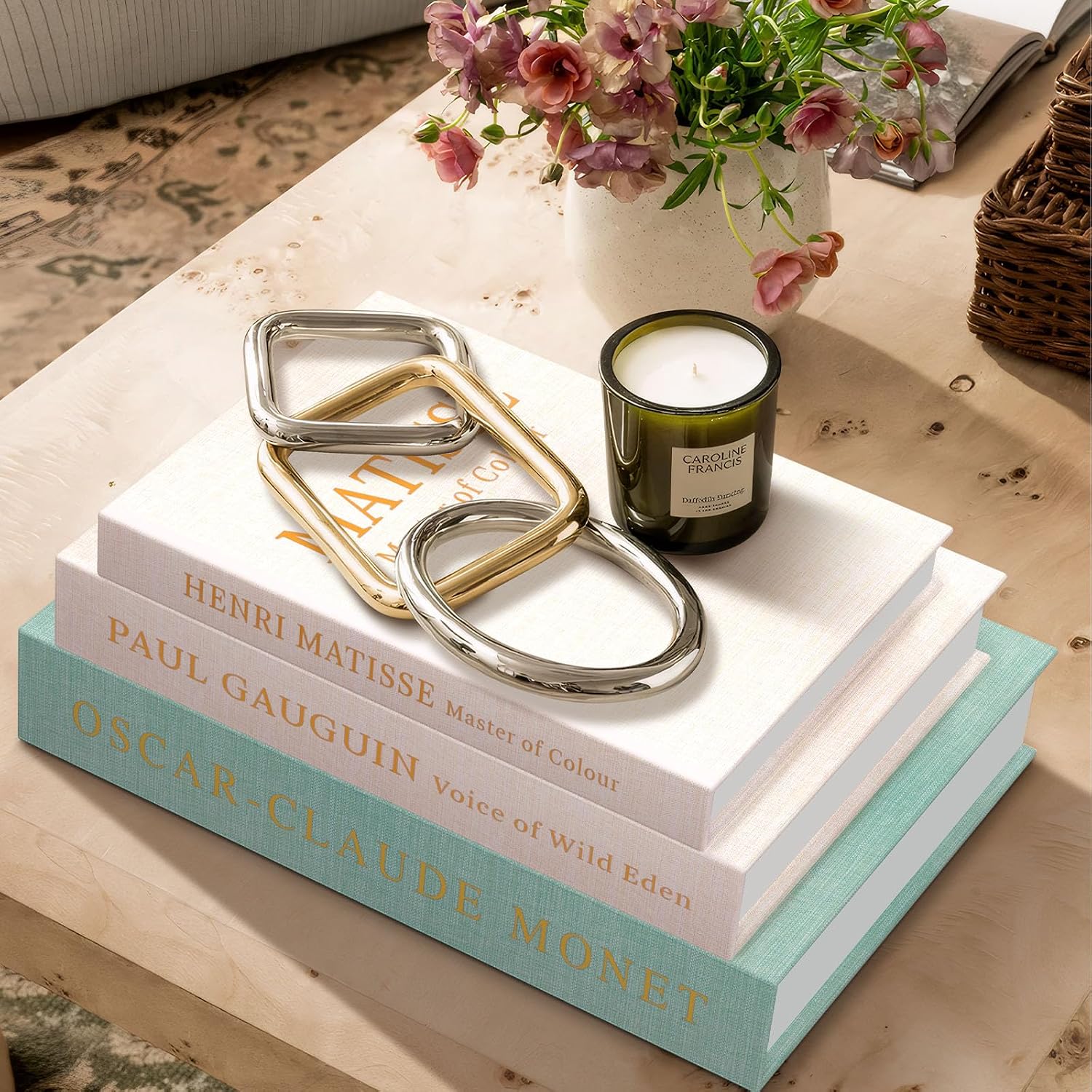 Linen Faux Book Decor Storage Boxes / Green,beige,beige / Set of 3