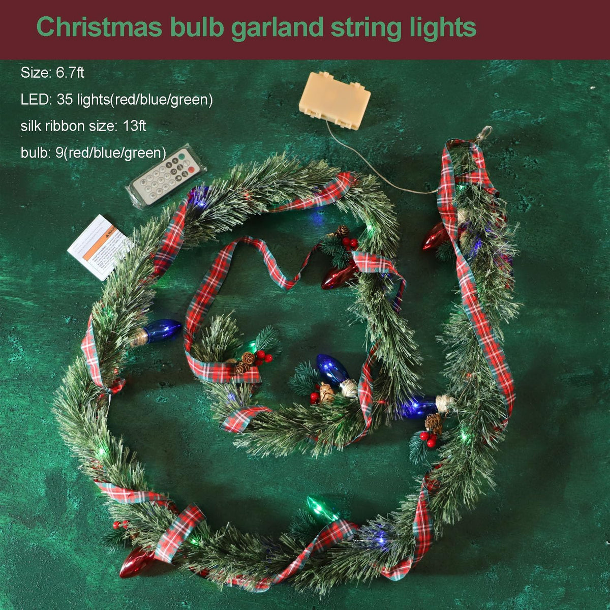 MIYA LIFE Festive Christmas Garland with Red Blue and Green Bulb Lights - 6.5FT Norfolk Pine Branch on Red Bow 25 LED