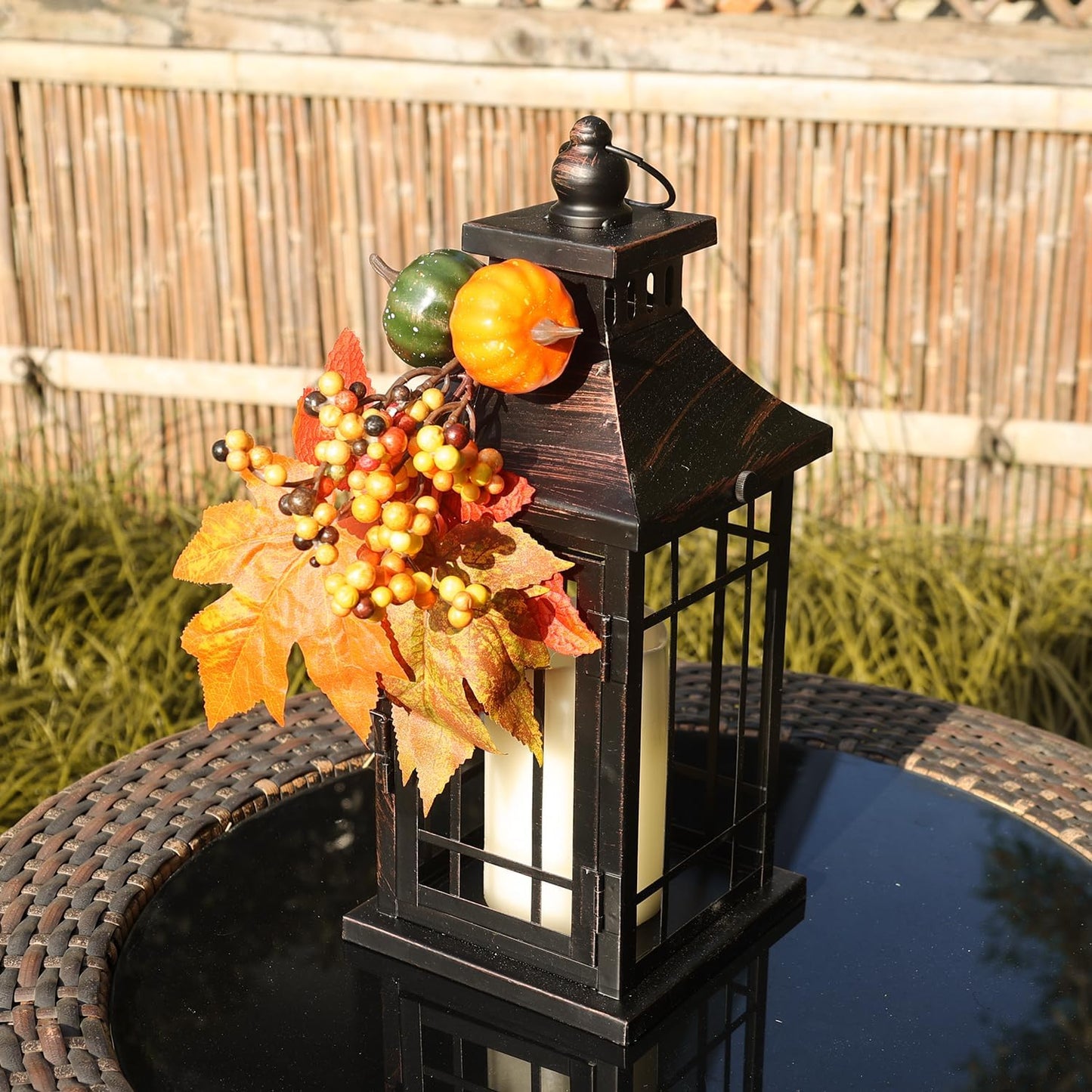 Set of 2 Fall LED Candle Lantern Decorative Indoor & Outdoor, 11" Fall Hanging Lanterns with LED Candles, Metal Outdoor