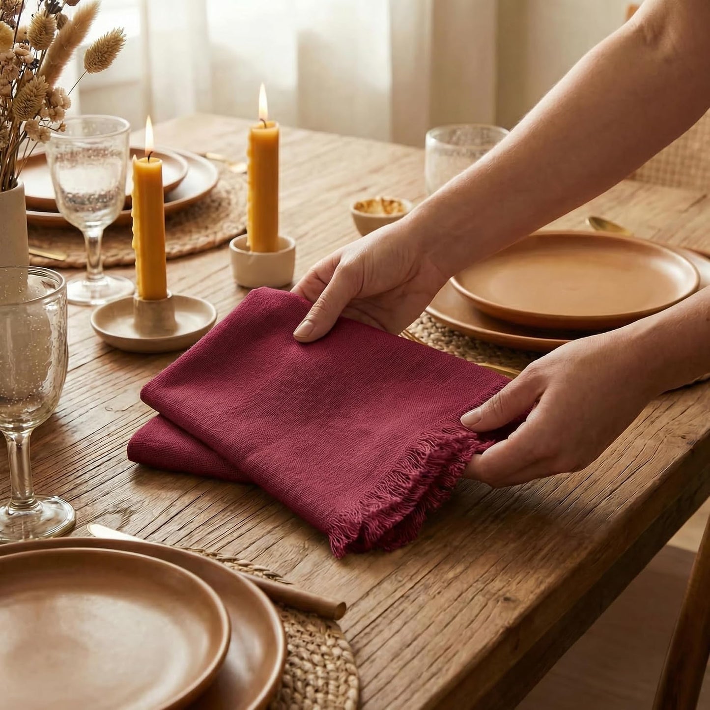 ACCENTHOME Burgundy Cotton Linen Napkin Set of 12 18x18 inch Dinner | Cotton Linen Blend Napkins, Machine Wash On