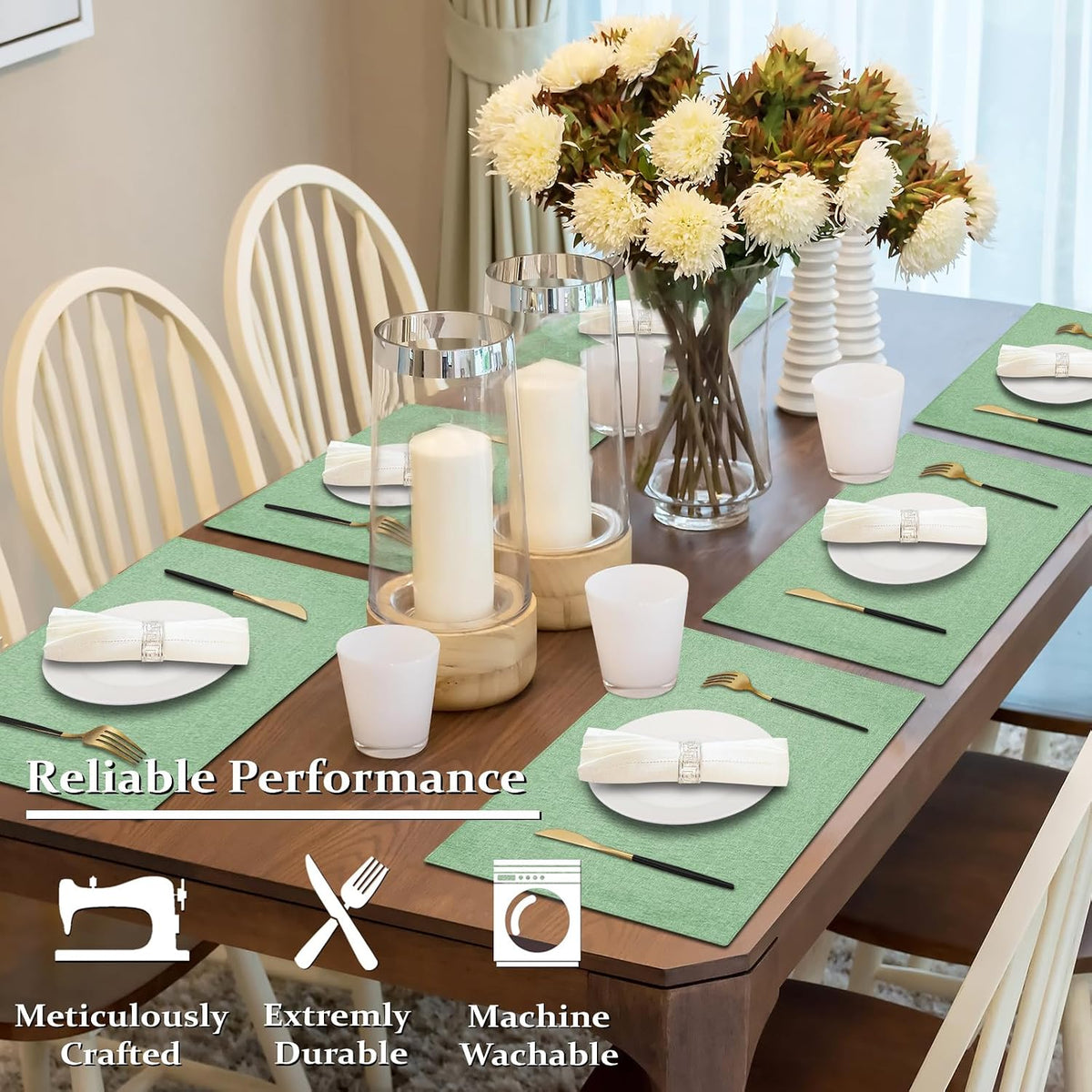 Cloth Placemats Set of 6, Cotton Linen Blend Place Mats, Light Green | Machine Washable, Double Layered, Heat