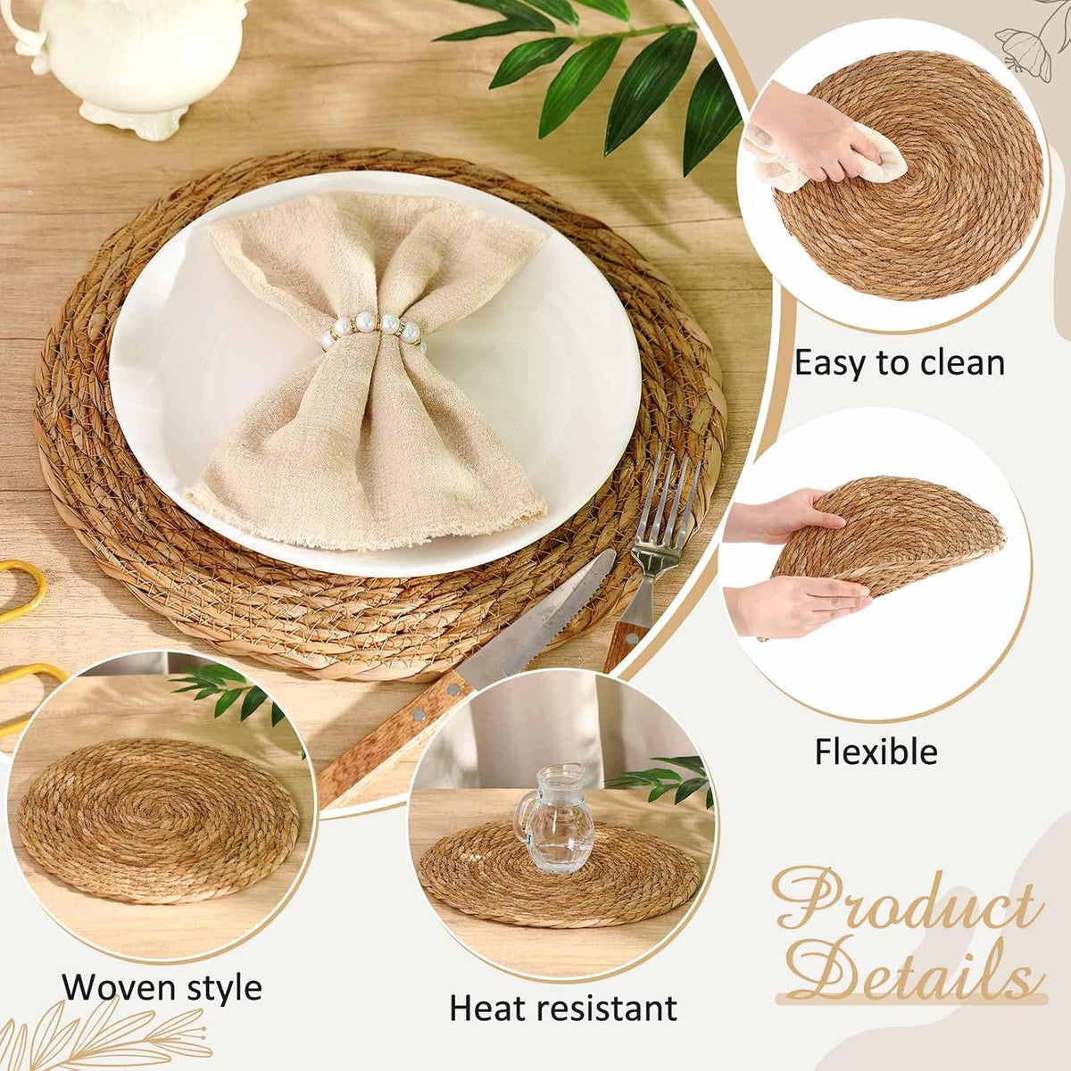 30 Pcs Cattail Round Woven Placemats Set, Cattail Placemats with Pearl Napkin Rings Boho Farmhouse Rustic Woven