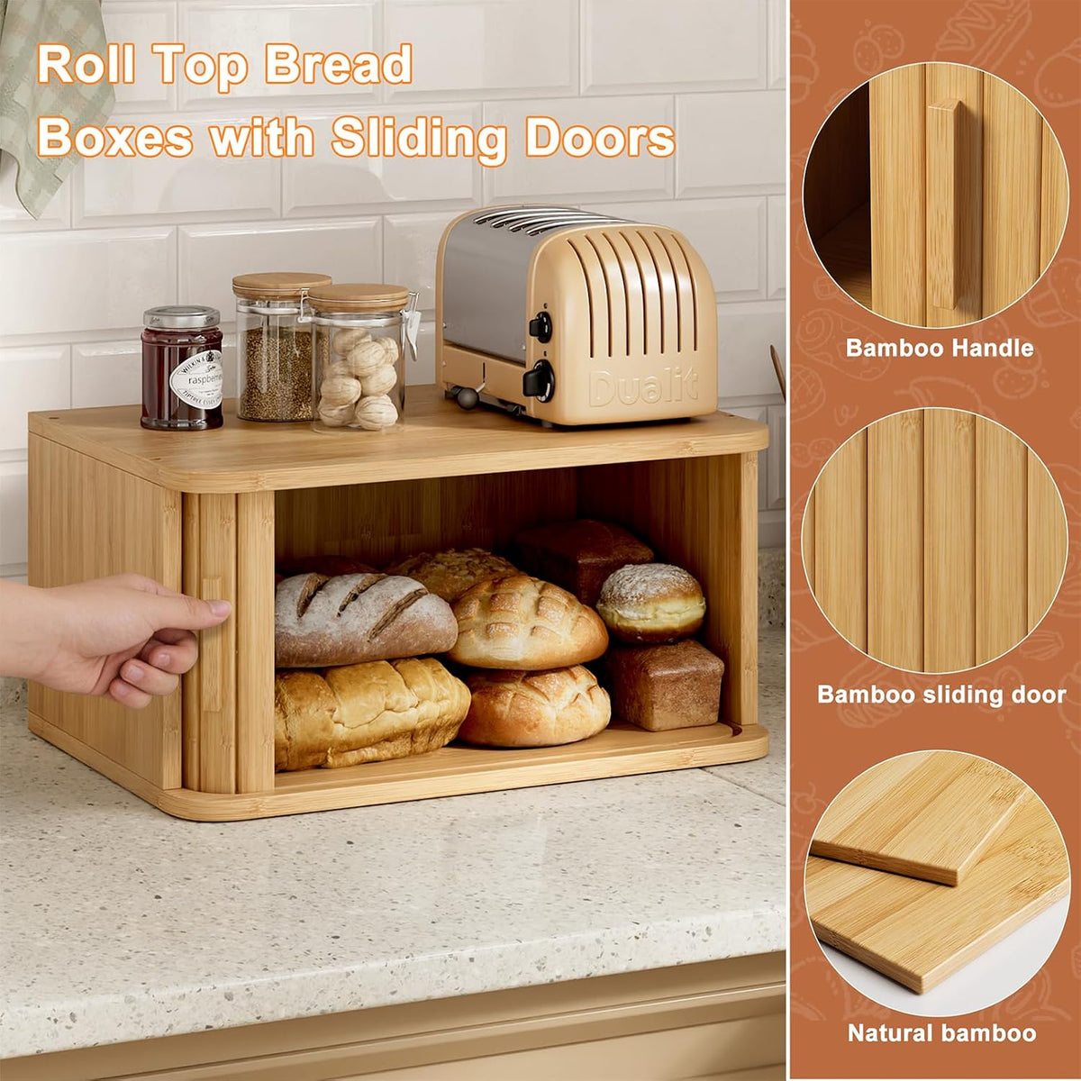 WOWLIVE Roll Top Bread Box for Kitchen Countertop, Bamboo Bread Storage | Airtight Bread Containers, Large Bread Bin