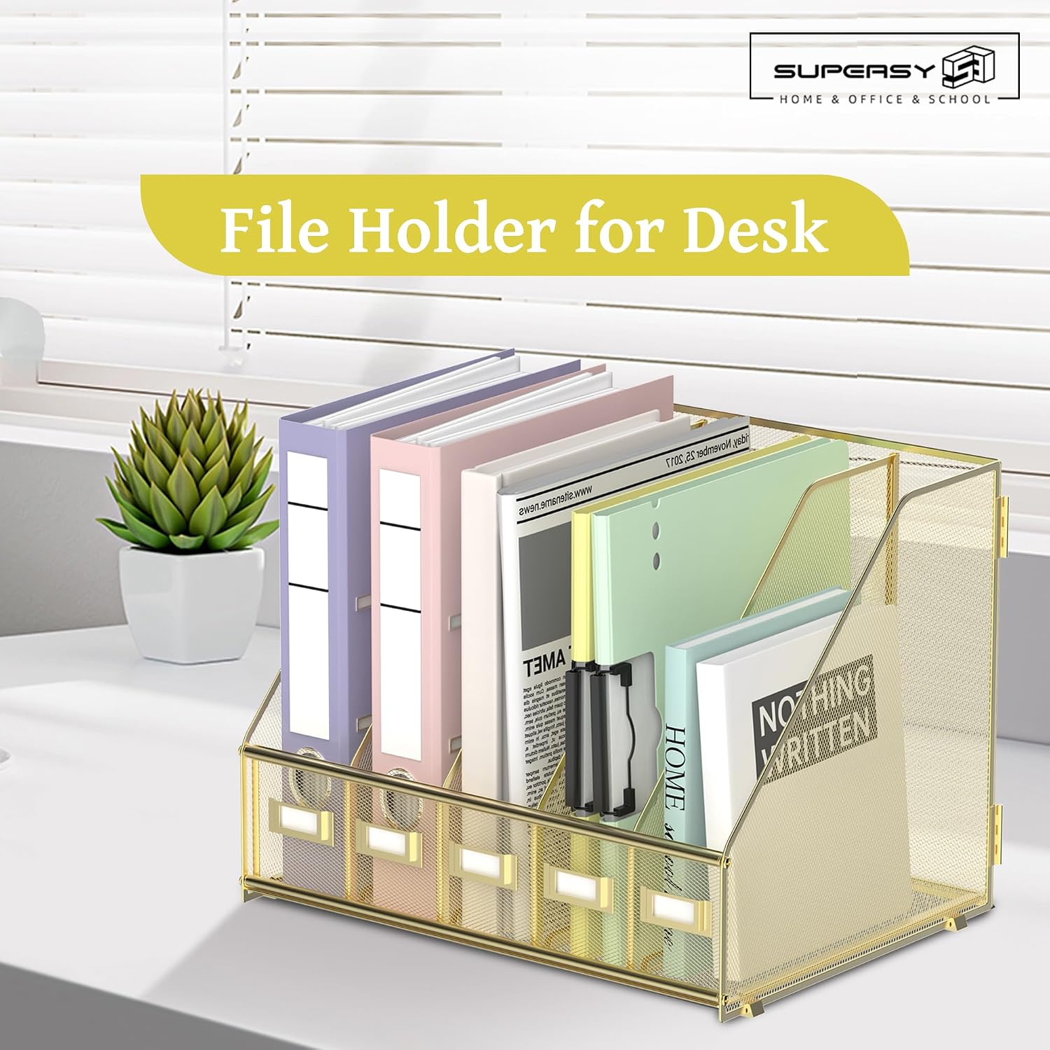 Desk Organizers Metal Desk Magazine File Holder with 5 Vertical Compartments Rack File Organizer for Office Desktop