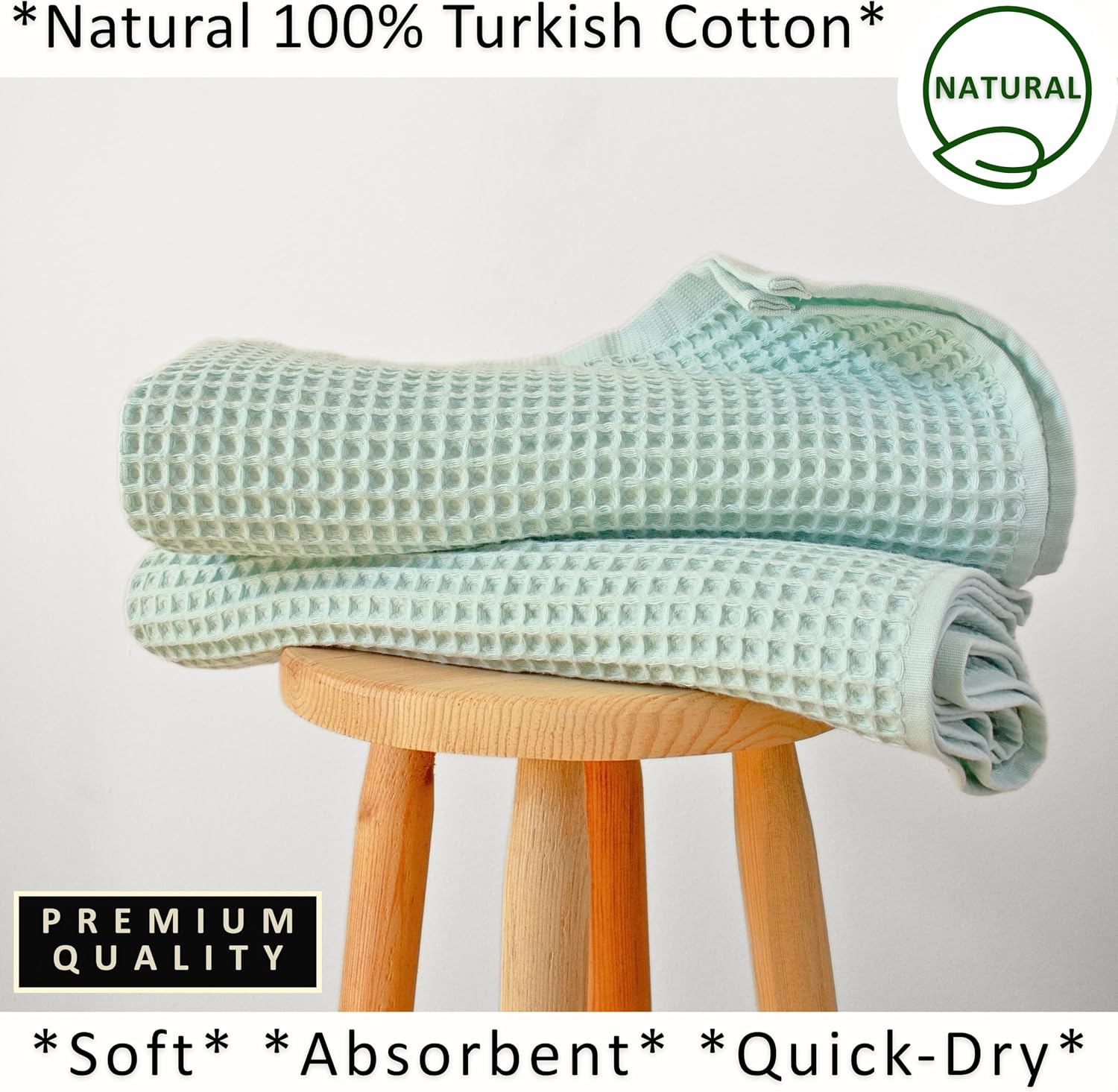 PÜSKÜL Natural 100% Turkish Cotton Waffle Bath Towels Set of 2, Extra-Large | Ice Green, Oversize 32x63" Bath sheet