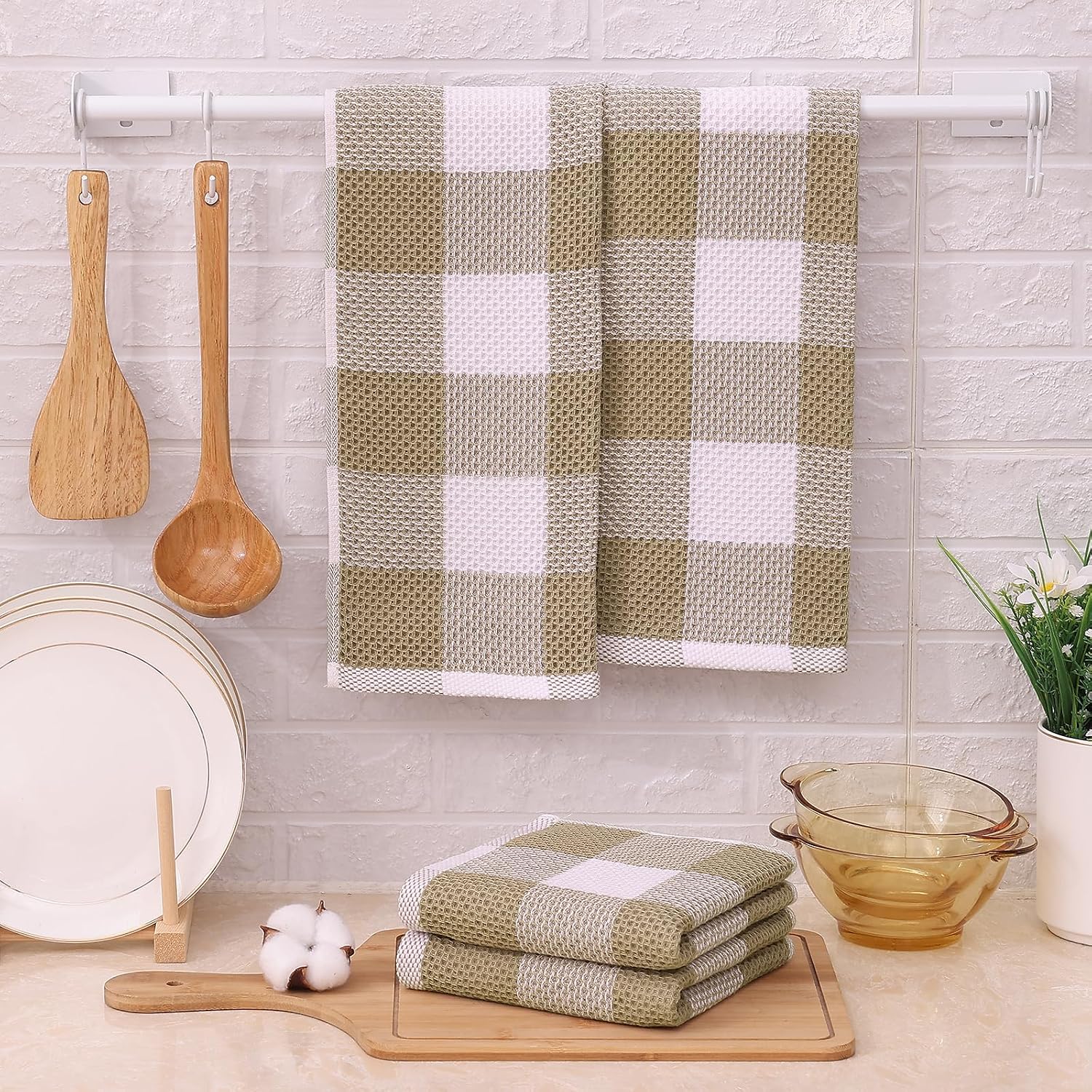 Mordimy Cotton Waffle Kitchen Towels, 13"x 28", 6 Pack, Khaki & White | Super Soft and Absorbent Buffalo Check, Durable