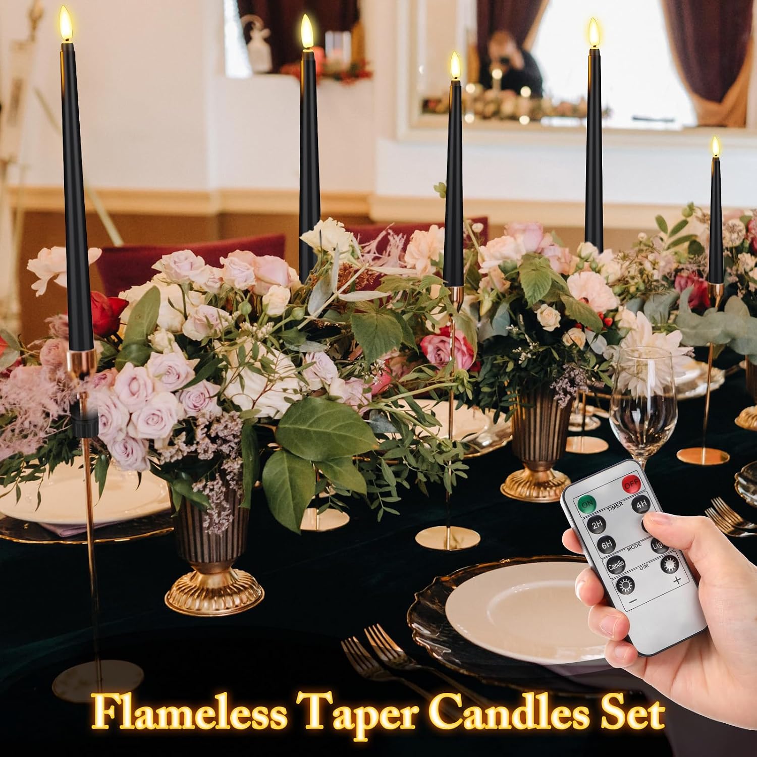 Rossesay 16 Pcs Black Flameless Taper Candle with Remote Timer | Halloween Battery Operated Candle, 8.5" 9.6" 10.8"