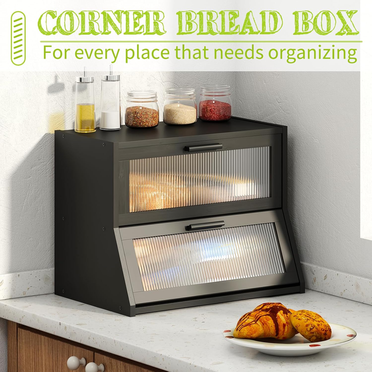 BMOSU Large Bread Box Double Layer Bamboo Bread Box for Kitchen Counter Container Farmhouse Bread Holder Capacity Bread