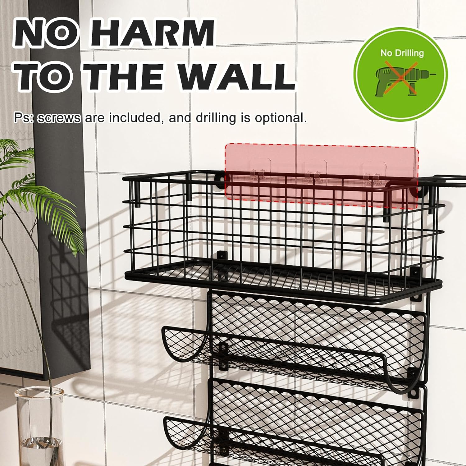 Wall-Mounted Hair Dryer Holder Styling Tool Organizer 4-Shelf Storage Wire Basket with Hook Heat Safe Rack for