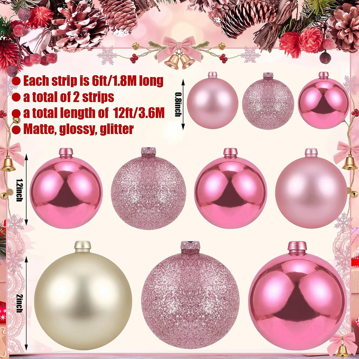 2 Pcs 6 ft Christmas Ball Ornament Garland, Pink, Champagne Gold | Bauble Bulb Christmas Tree Ball Decoration