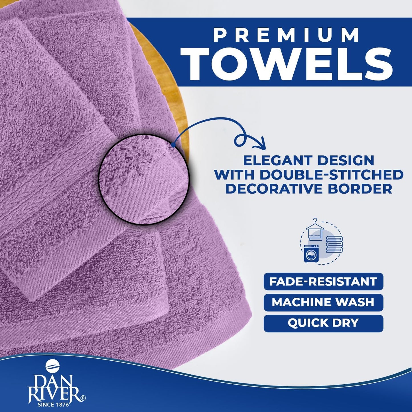 DAN RIVER 8 Piece Luxury Bath Towels for Bathroom, Towel Set, Lavendar | 2 Bath towels, 2 Hand towels, and 4 Wash