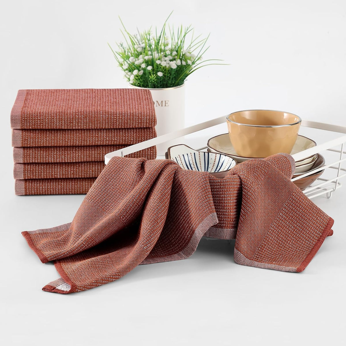 Homaxy 380 GSM Cotton Premium Kitchen Towels 8 Pack, 18"x 28", Rust | Flat and Terry Dish Towels, Highly Absorbent Tea