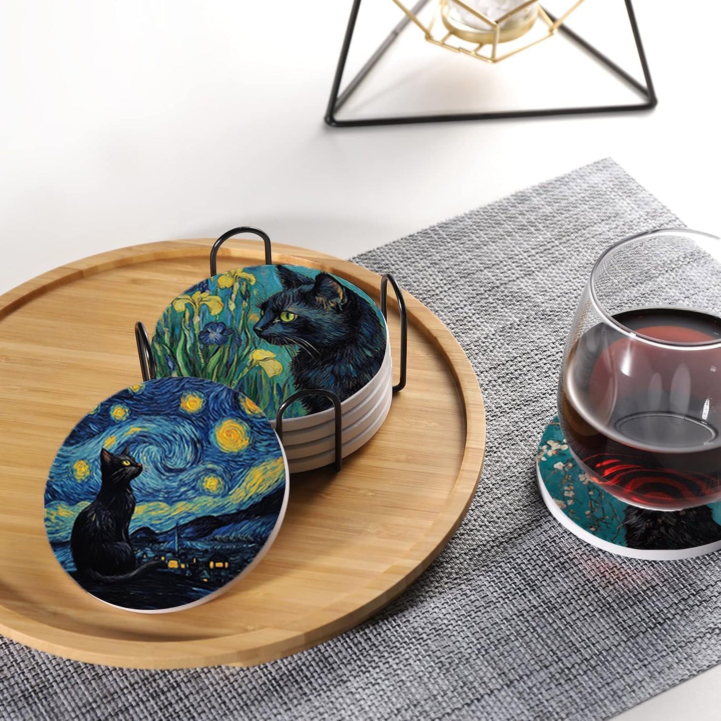 Art and Absorbent Ceramic Stone Mat Coaster / Black Cat / Round / Set of 6