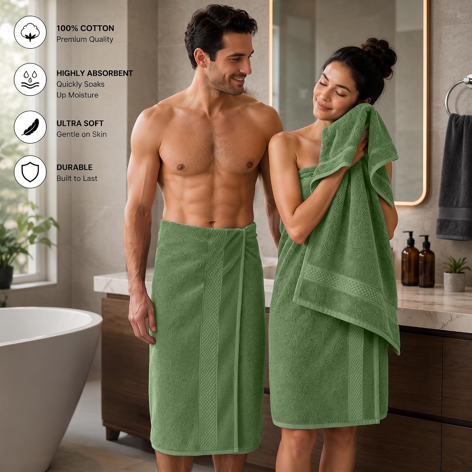 DAN RIVER 600 GSM Cotton Large Bath Towels Set of 4, 27 x 54 Inches, Green | Larger & Lighter Weight Towels for