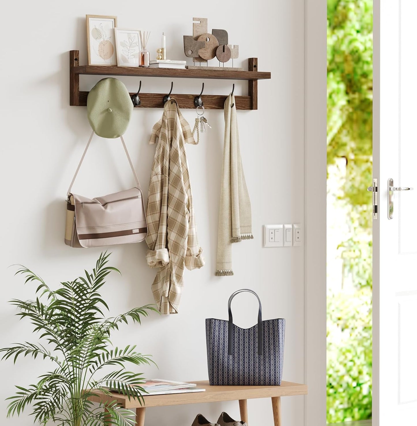 Hooks Entryway Coat Rack Wall Mount Wood Coat Hooks / 28.9inch / Retro Brown