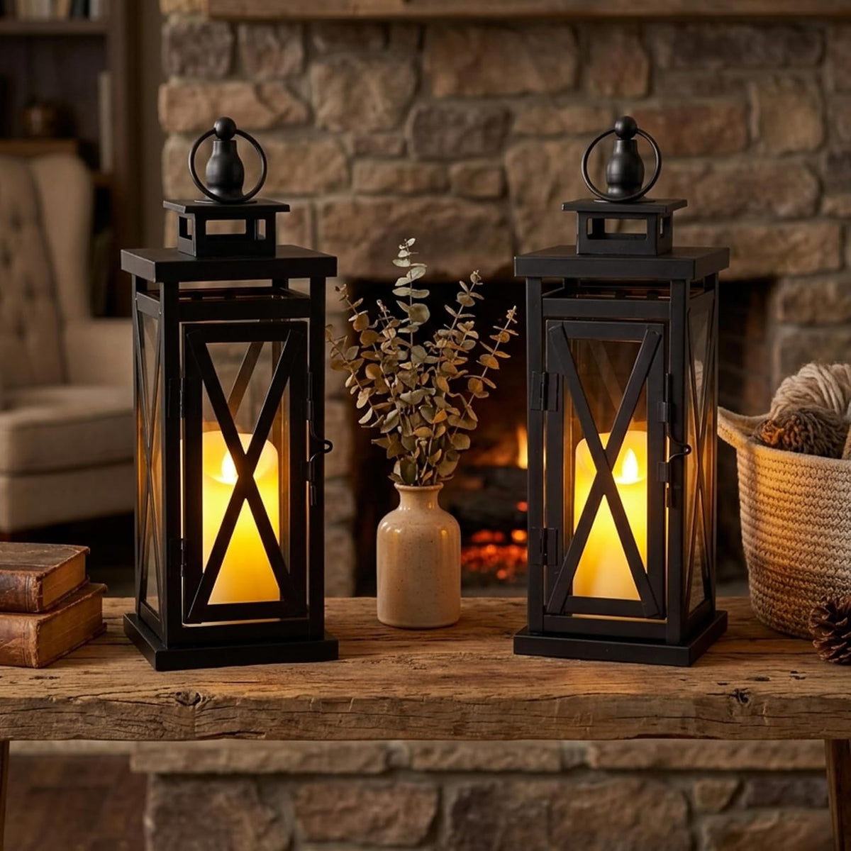 TRIROCKS Set of 2 Deacorative Candle Lantern 11'' High Metal Candle Holder Hanging Lanterns with Tempered Glass Perfect
