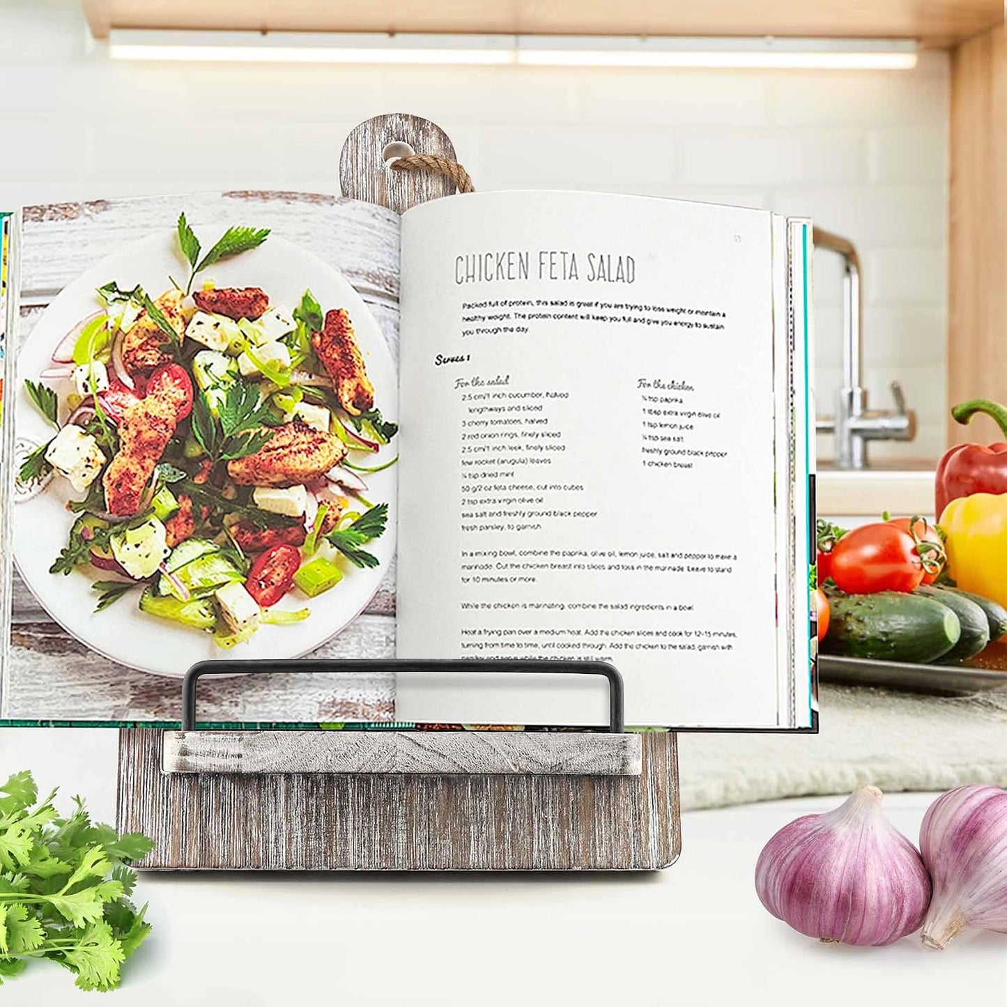 Grey Cookbook Stand for Kitchen Counter: Wooden Recipe Book Holder | Solid Wood with Measurement Chart, Holds 2" Thick