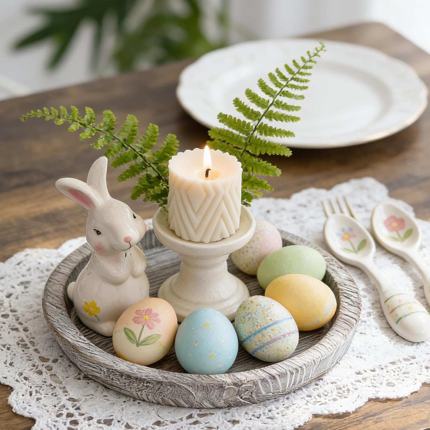 Round Wood Decorative Candle Plate / Whitewash