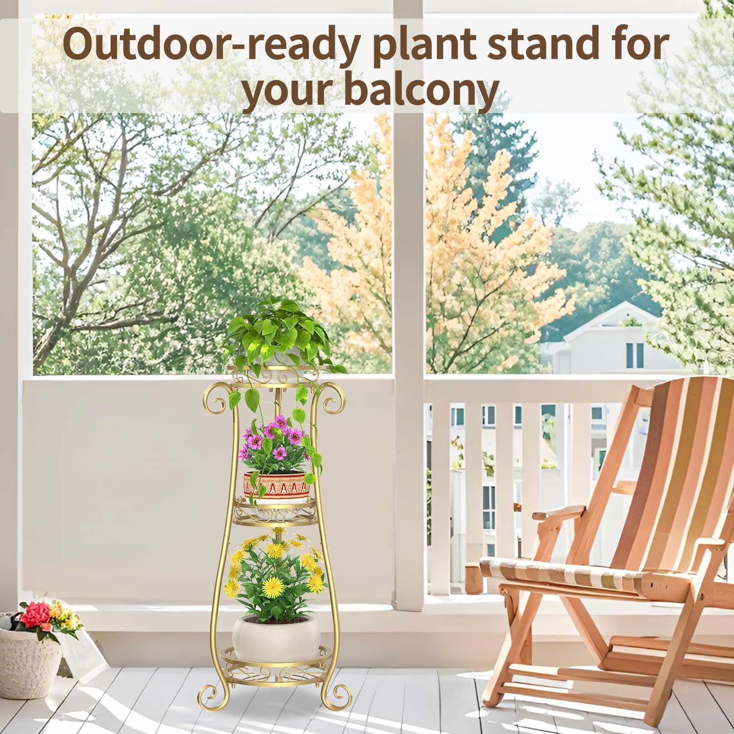 LASZOLA 3 Tiers Metal Corner Plant Flower Stand Tall Indoor Outdoor, Gold | Heavy Duty Small Holder Shelf for Multiple