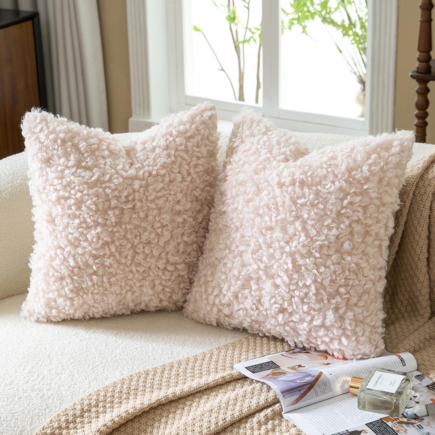 Faux Fur Throw Pillow Covers Boucle Decorative Sherpa Pillow / Apricot Beige / 18 x 18 / Set of 2