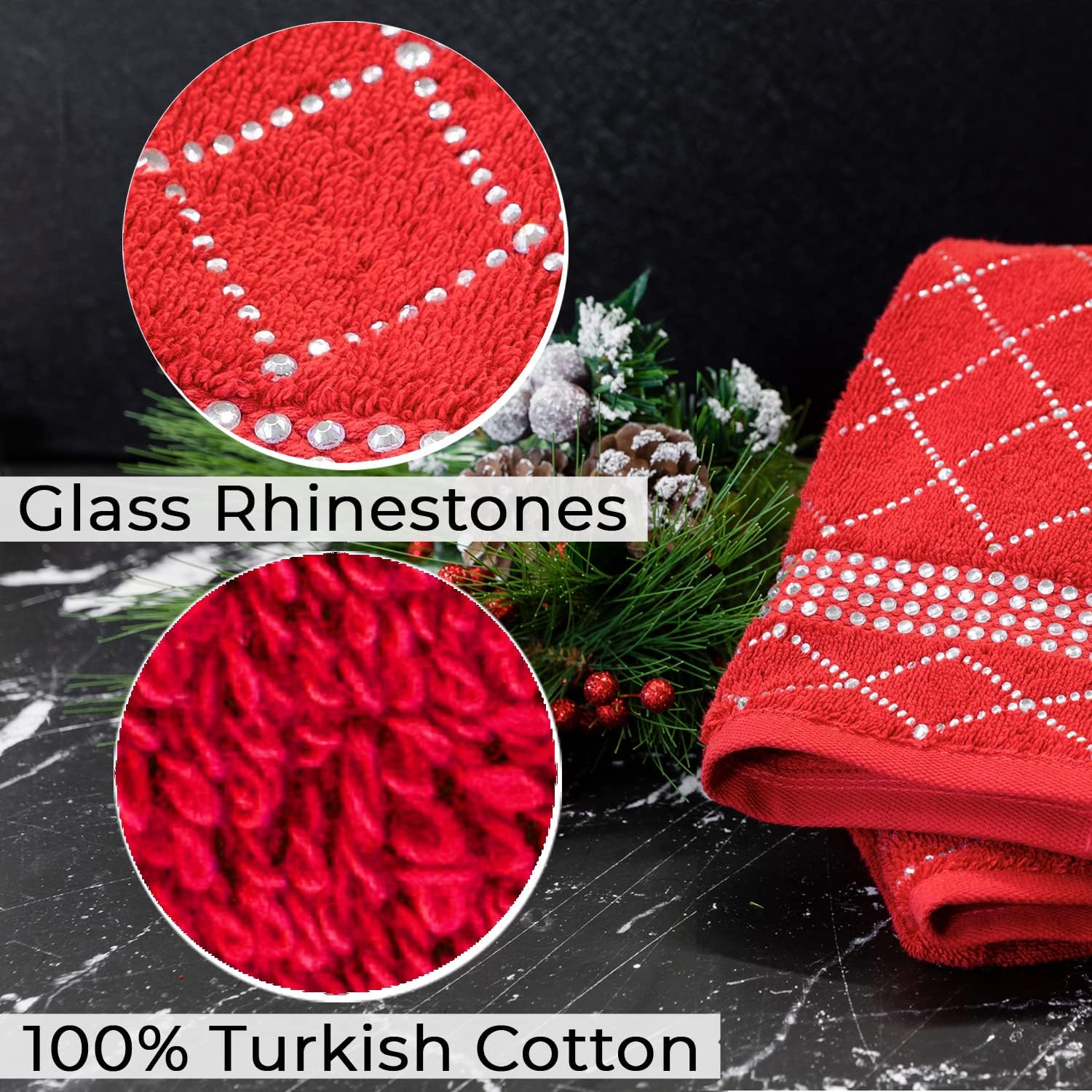 Atlas Hand Towel (Set of 2), 100% Turkish Cotton, Glass Rhinestones, Machine Washable, Gray