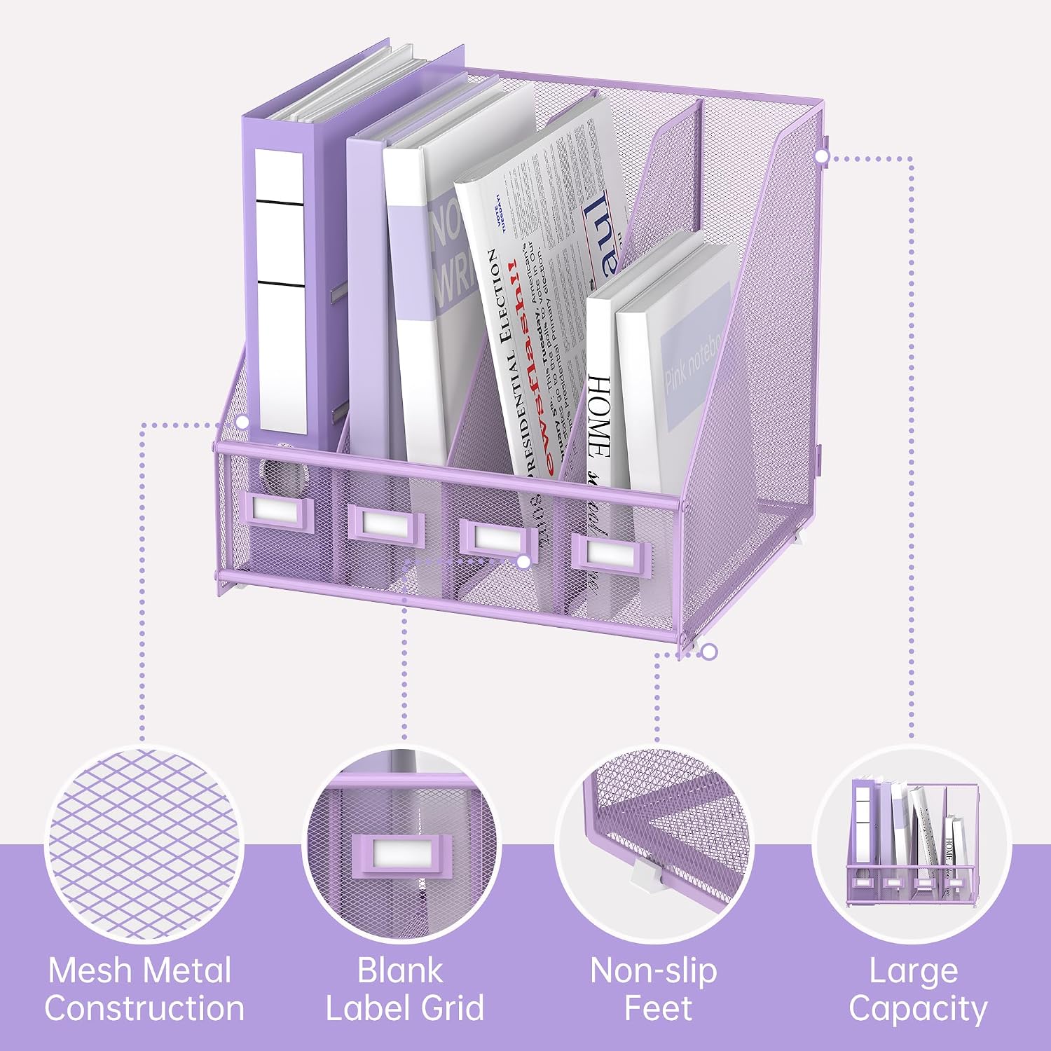 4-Compartment Magazine File Holder and File Organizer for Desk, Purple | Metal Magazine Holder and Magazine File