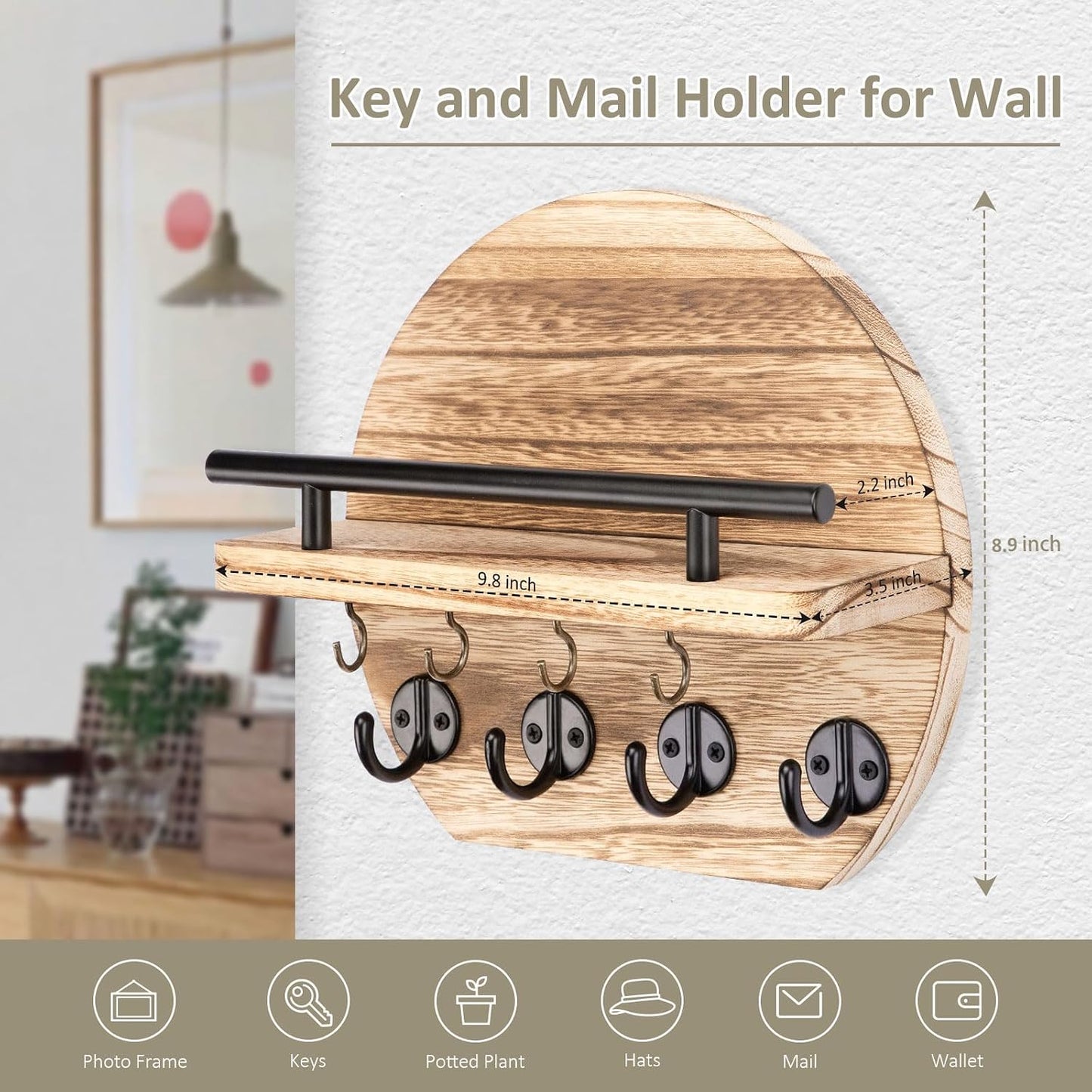 Key Holder / Shelf and 8 Key Hooks / Wood / 9.8 Inch