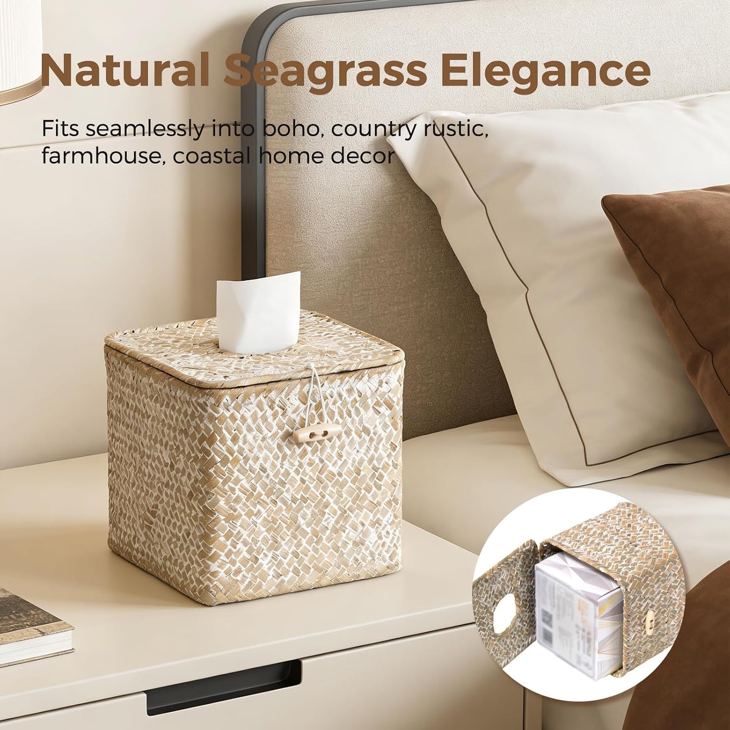 Woven Seagrass Tissue Box Holder / Whitewash / Square