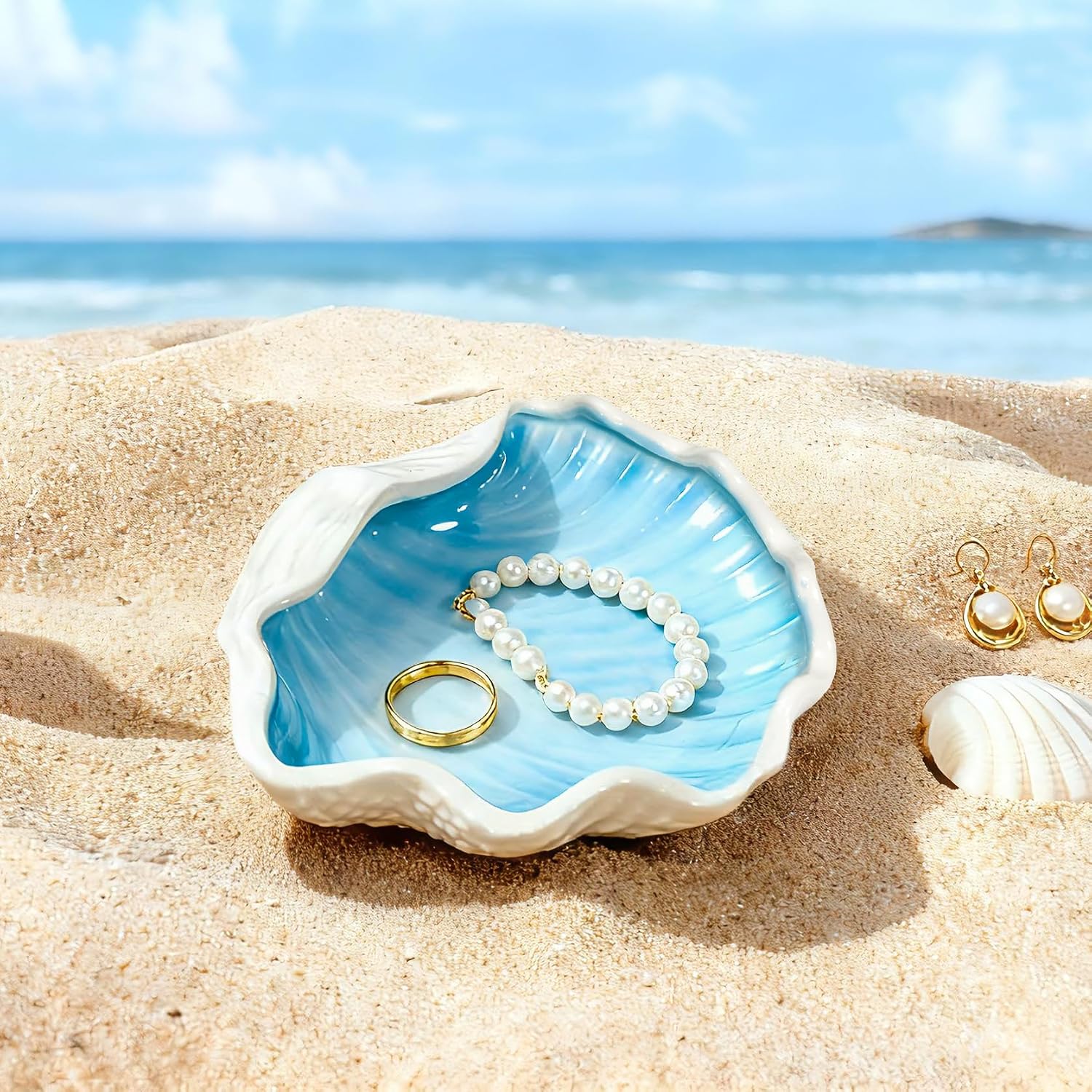 Seashell Ceramic Jewelry Trinket Tray / Shell / Blue