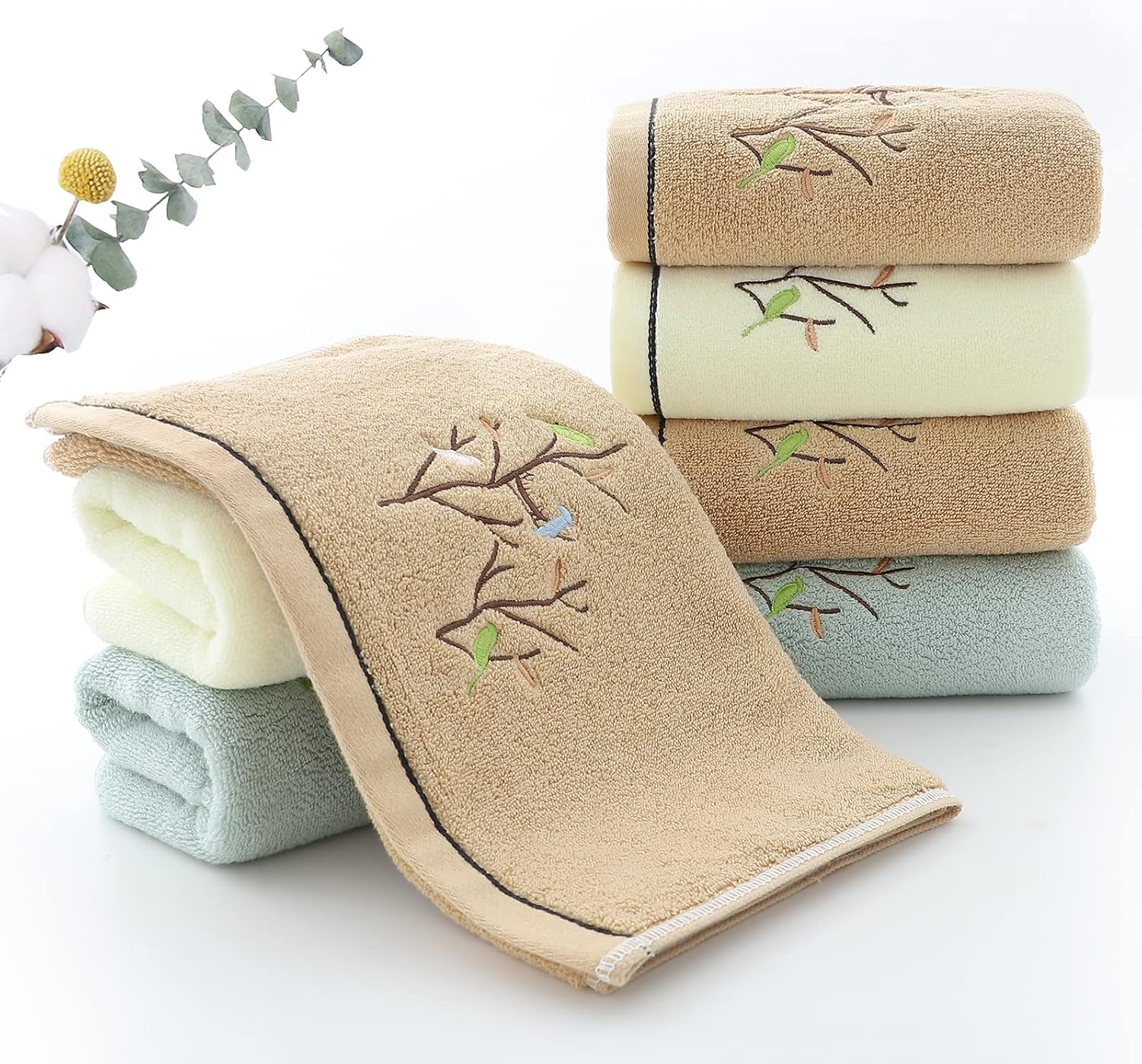 Hand Towels Set of 4 Embroidered Bird Tree Pattern 100% Cotton Absorbent Soft Decorative Towel for Bathroom (Brown)