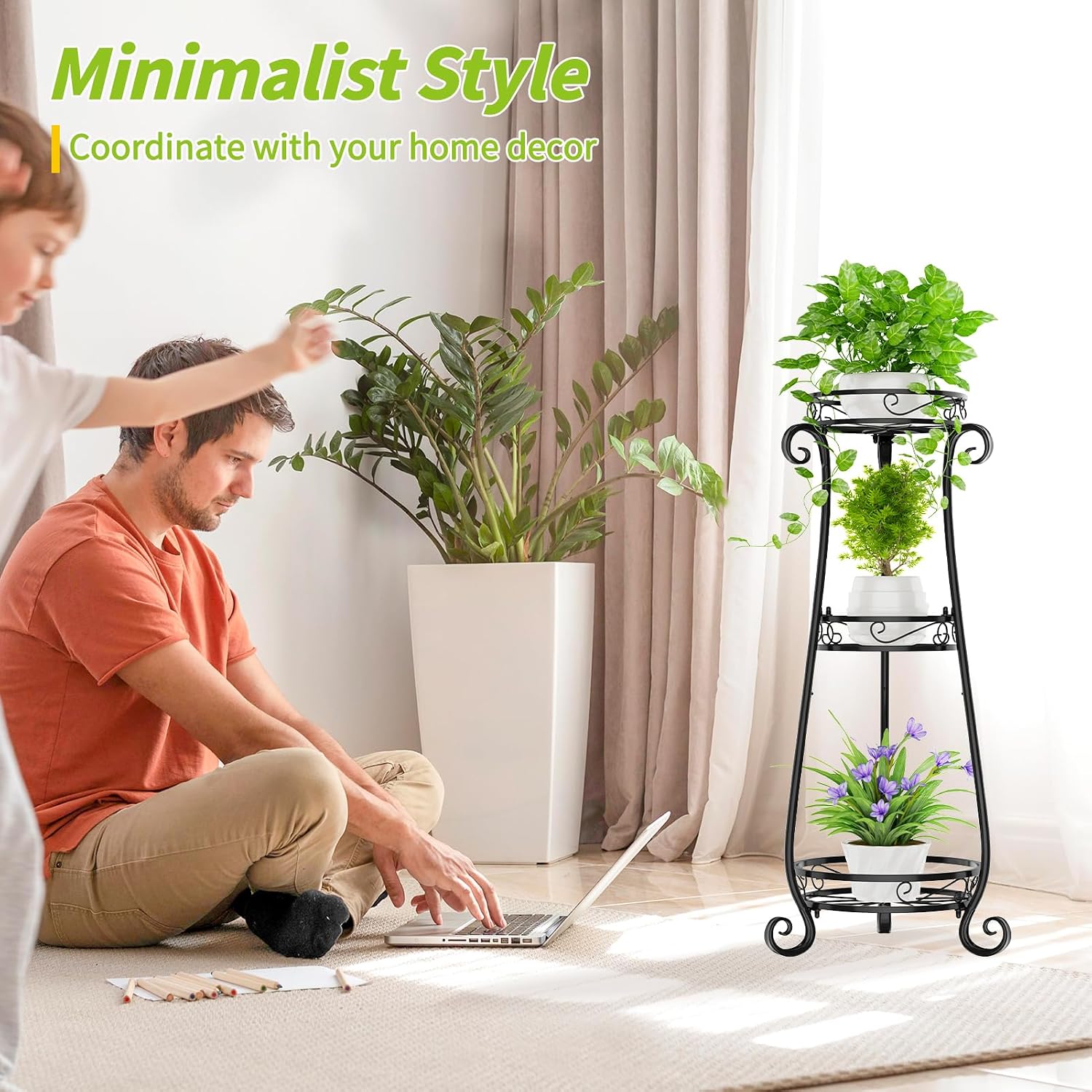 KMOTASUO 3 Tier Metal Plant Stand Tall for Indoor Outdoor Corner, Black | Heavy Duty Flower Holder Rack, Modern