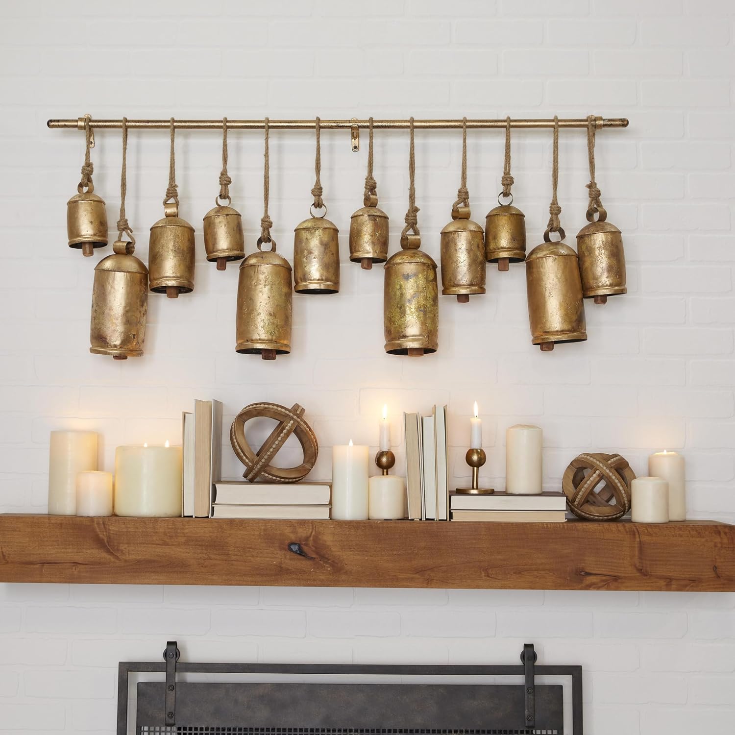 Deco 79 Metal Decorative Cow Bells Tibetan Inspired with 12 Bells on Jute Hanging Ropes and Rod, 48" x 6" x 20", Gold