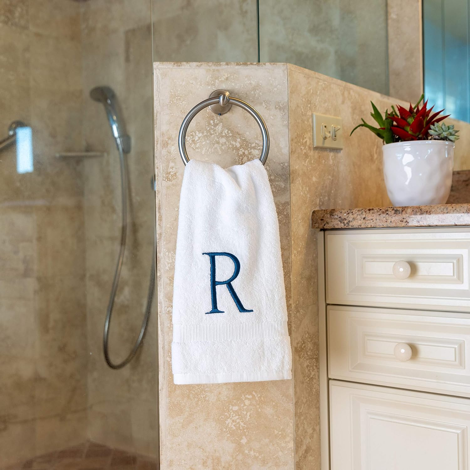 White with Navy Monogrammed Hand Towels for Bathroom - Set of 2 Letter R | Luxury Hotel Quality Initial Towels For