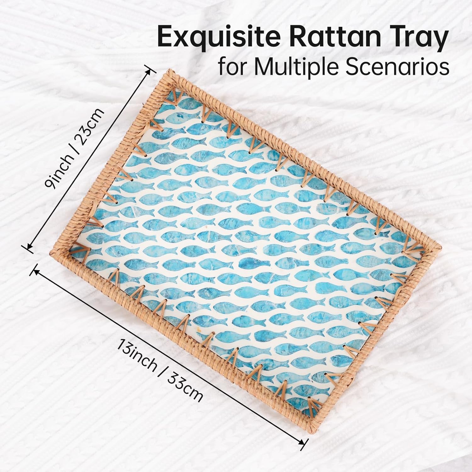 Rattan Serving Tray / Turquoise Fish