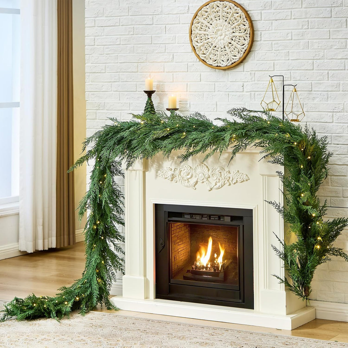 Christmas Cedar Garland Realistic with Lights - Cypress Decorations 12ft for Mantle Lighted Faux Pine Garlands for Xmas