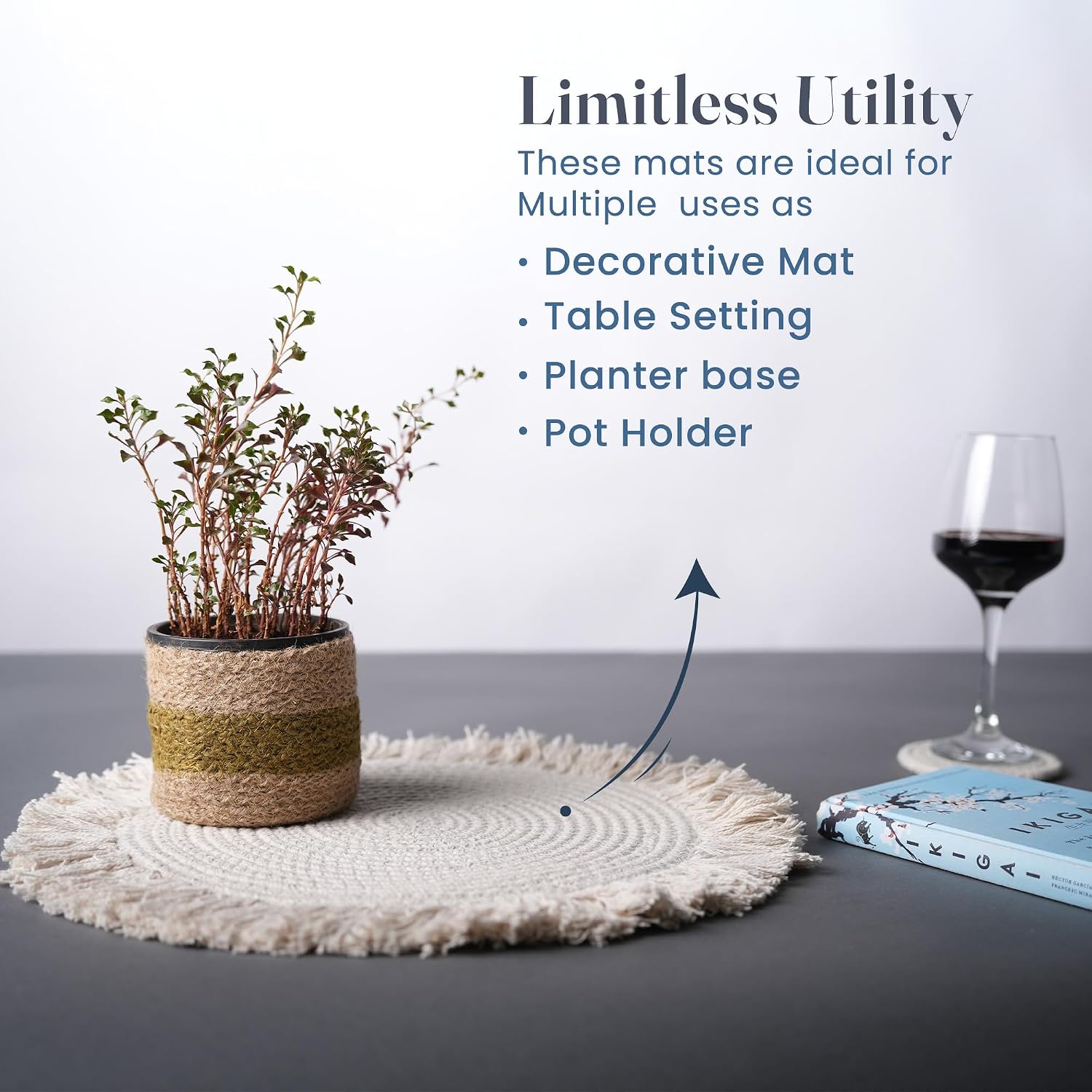 Fine Living Round Placemats Set of 4 with 4 Free Coasters, 15 Inch, Ivory | Washable Heat Resistant Non-Slip Braided