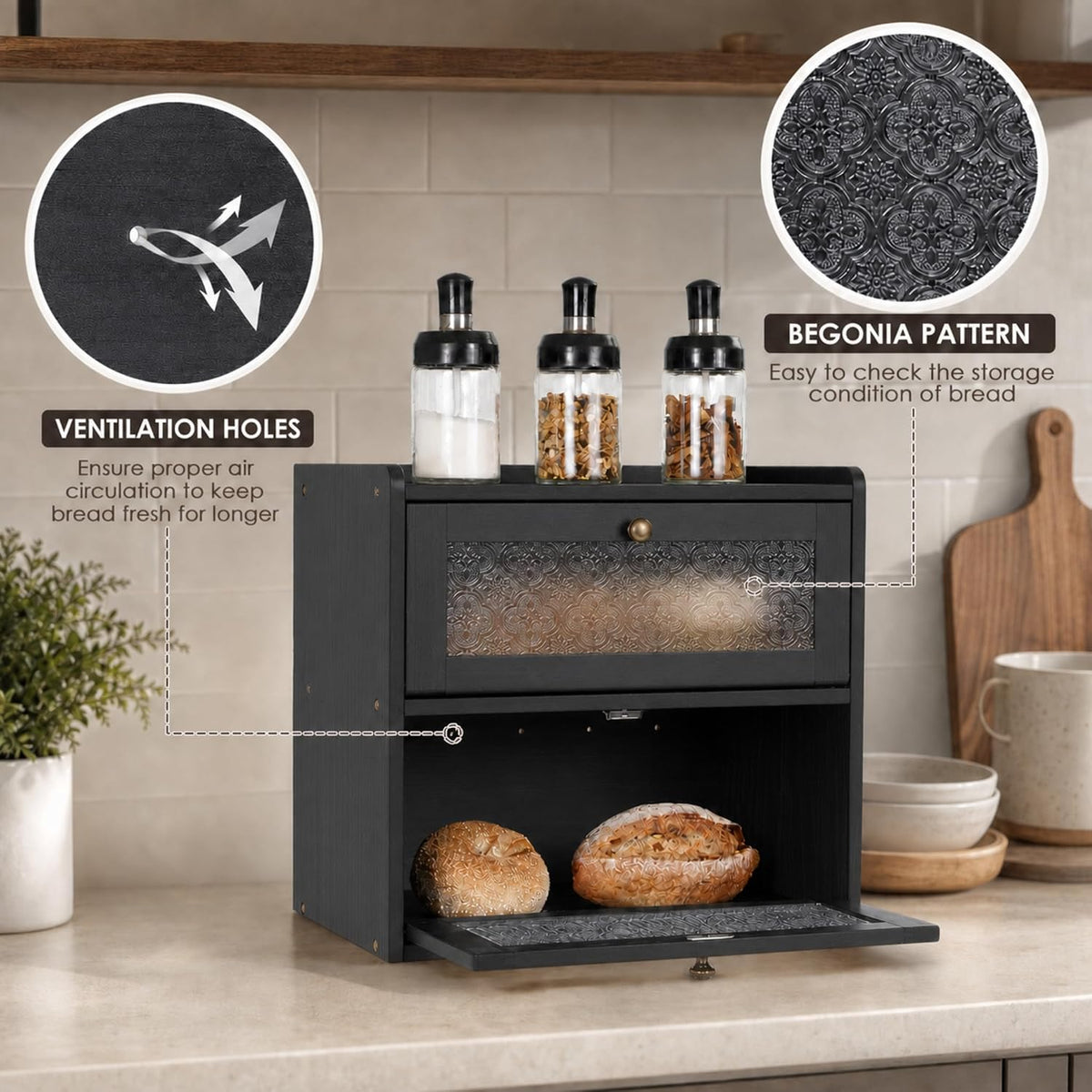 Sunhoo Bread Box for Kitchen Countertop, Large Pine Wood Breadbox, Black | Farmhouse Pantry Container, Double Layer