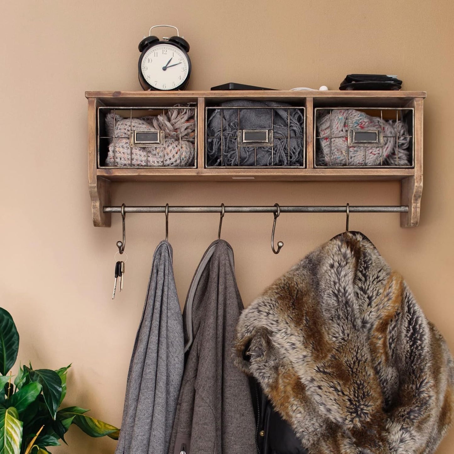 HBCY Creations Wall Mounted Shelf with Coat Hooks and Baskets, Solid Wood Entryway Organizer Wall Shelf with Hooks