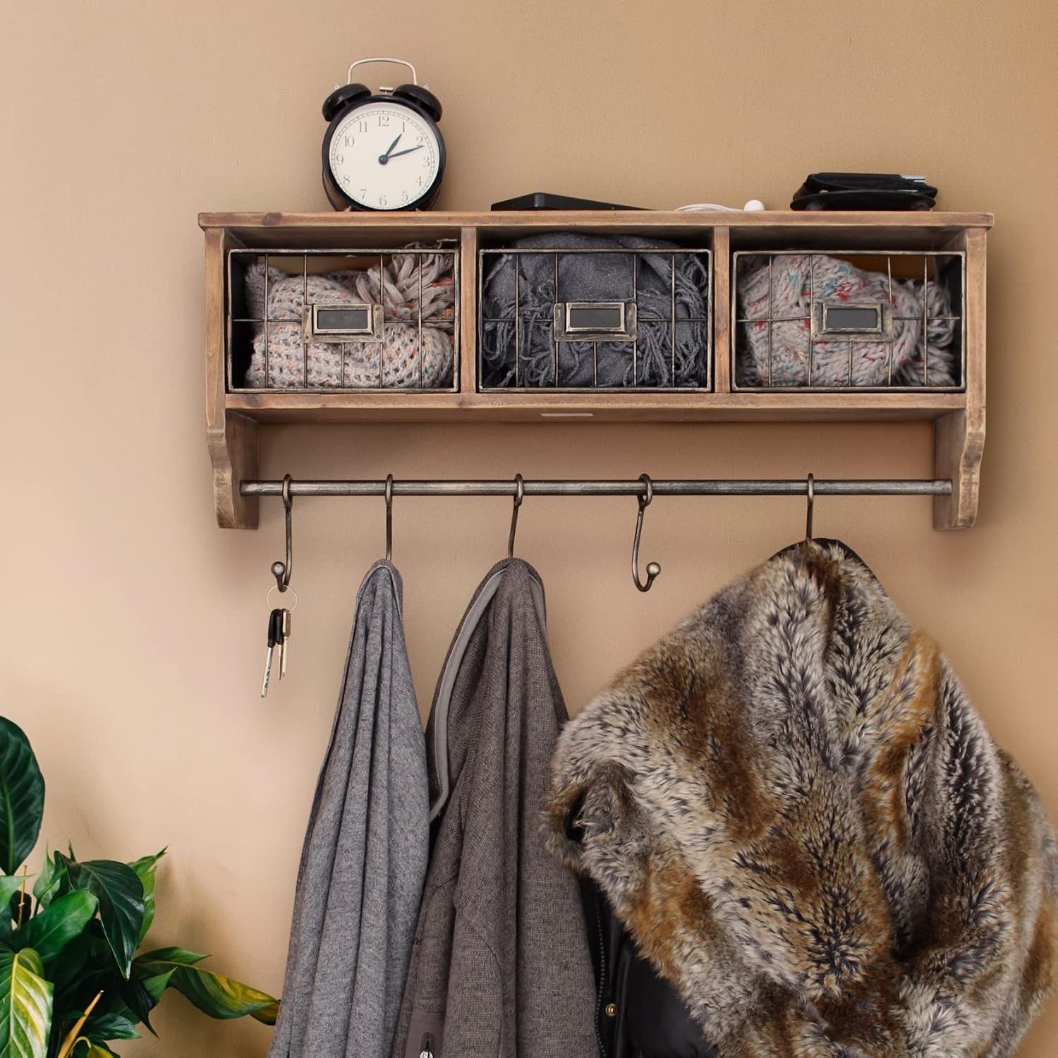 HBCY Creations Wall Mounted Shelf with Coat Hooks and Baskets, Solid Wood Entryway Organizer Wall Shelf with Hooks