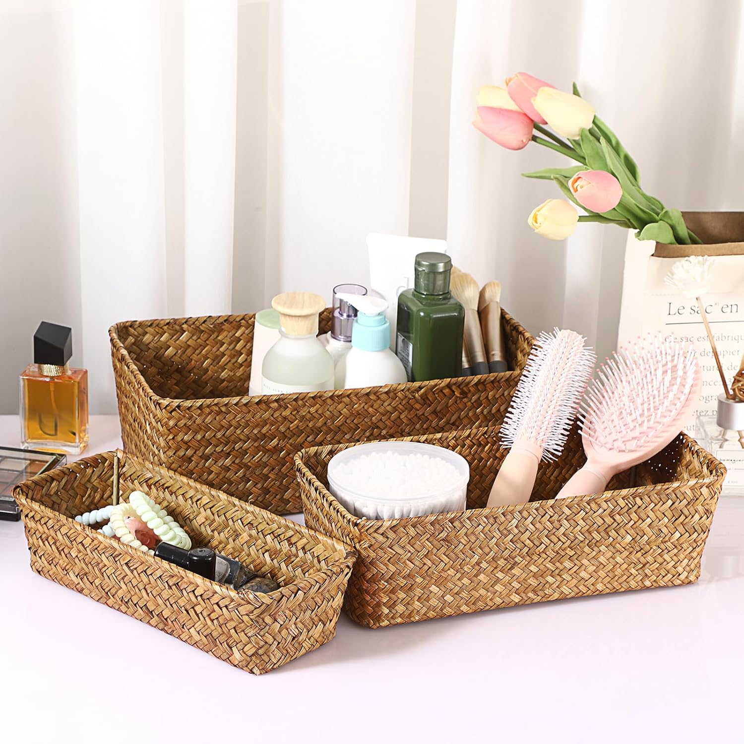 3 Wicker Basket Set Rectangular Handwoven Seagrass Basket Storage / Caramel / Natural / Set of 3